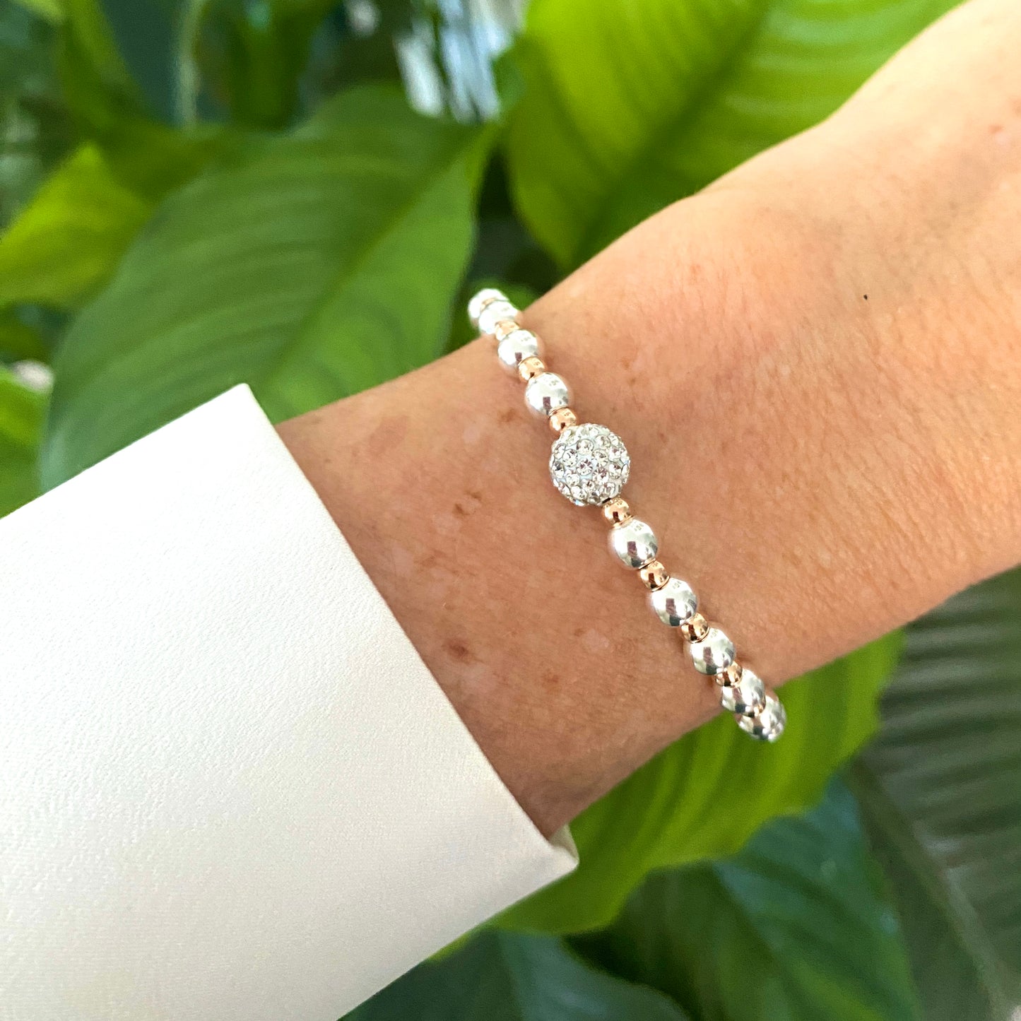 Silver rose mix gold filled Rhinestone Crystal Stretchy Stacked beaded Bracelet classic look jewelry gift