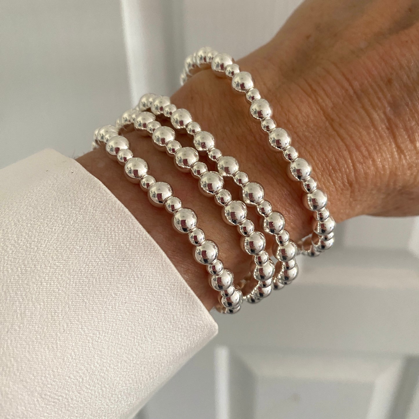 Sterling silver 6&4 beads women stacking bracelet mix 2 sizes stretchy jewelry gift