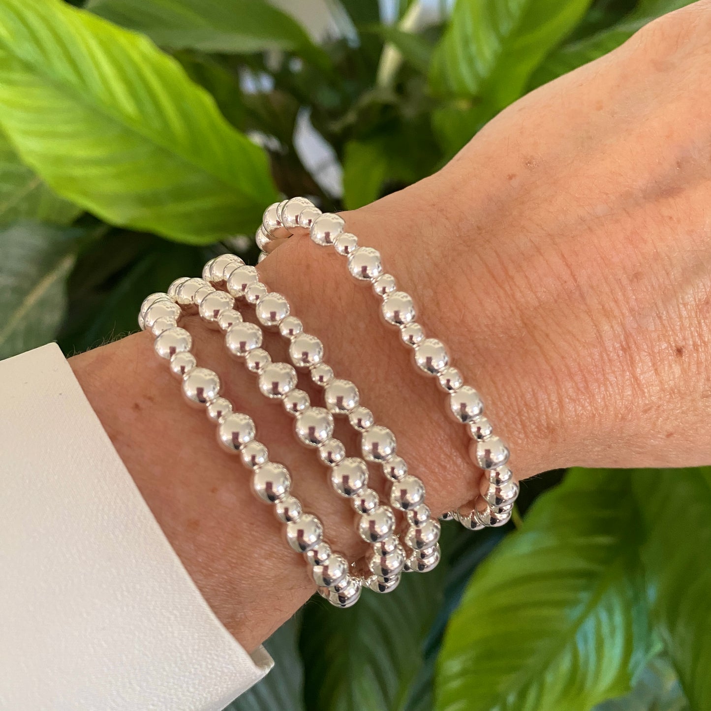 Sterling silver 6&4 beads women stacking bracelet mix 2 sizes stretchy jewelry gift