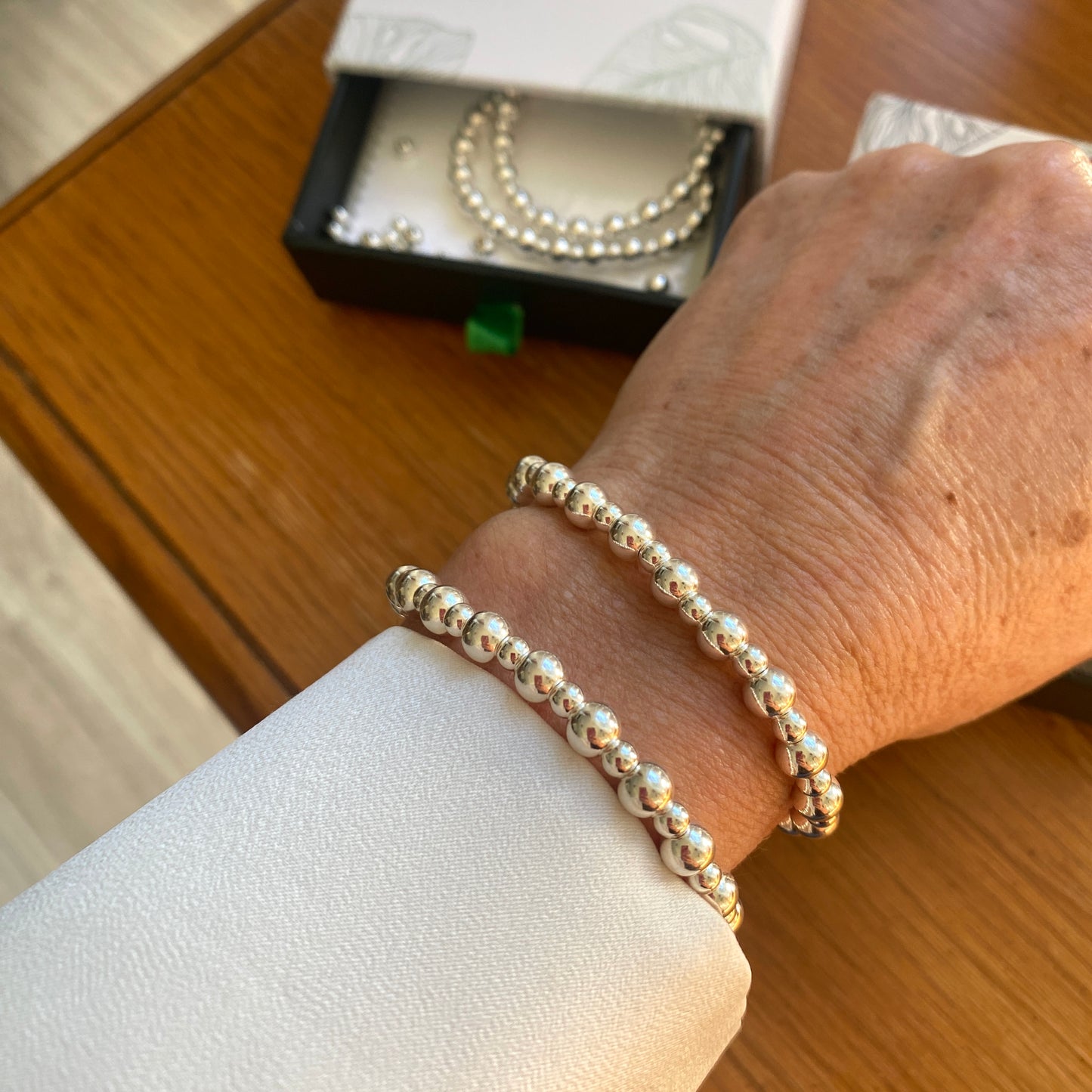 Sterling silver 6&4 beads women stacking bracelet mix 2 sizes stretchy jewelry gift