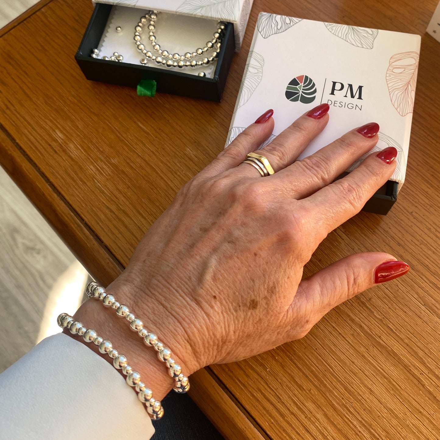 Sterling silver 6&4 beads women stacking bracelet mix 2 sizes stretchy jewelry gift