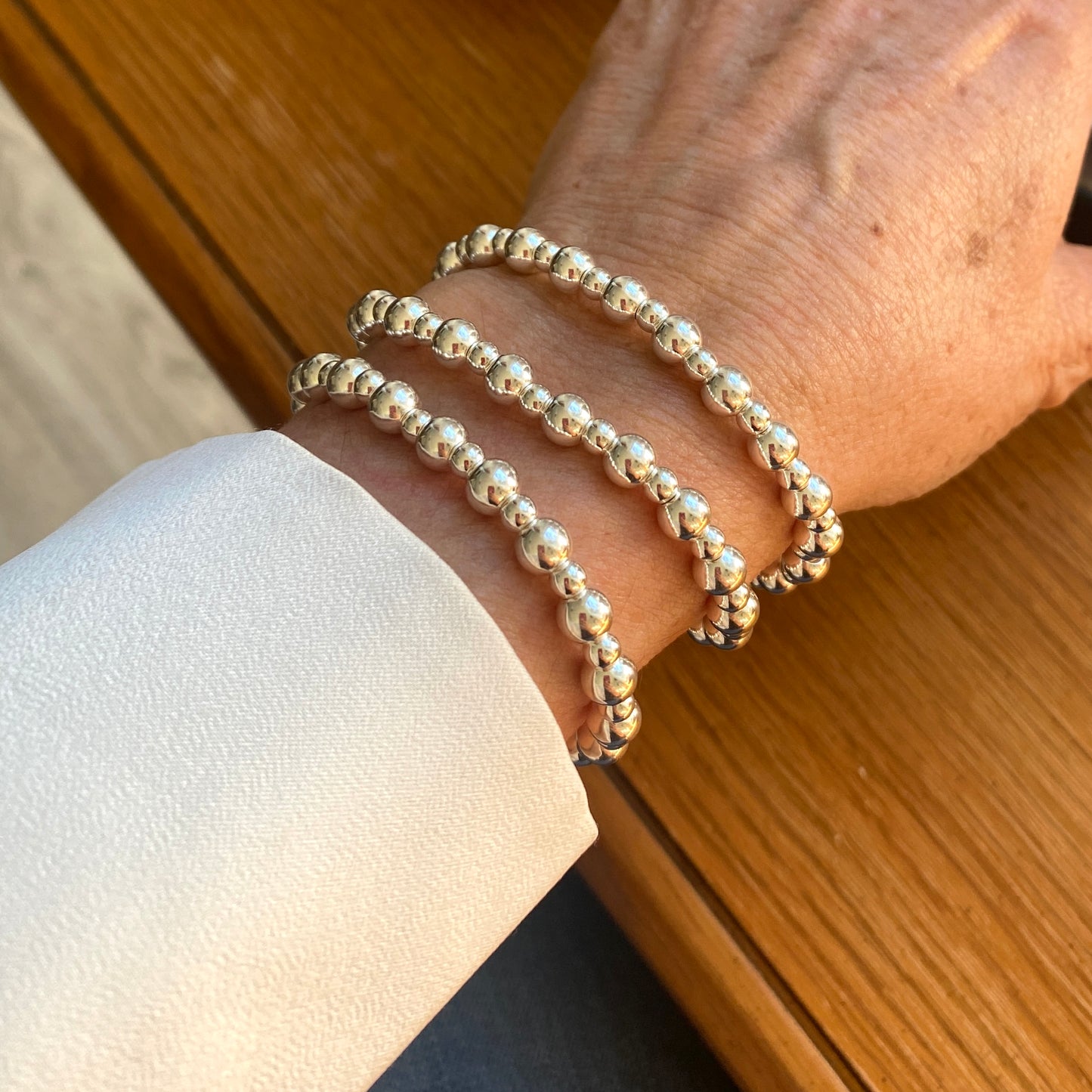 Sterling silver 6&4 beads women stacking bracelet mix 2 sizes stretchy jewelry gift