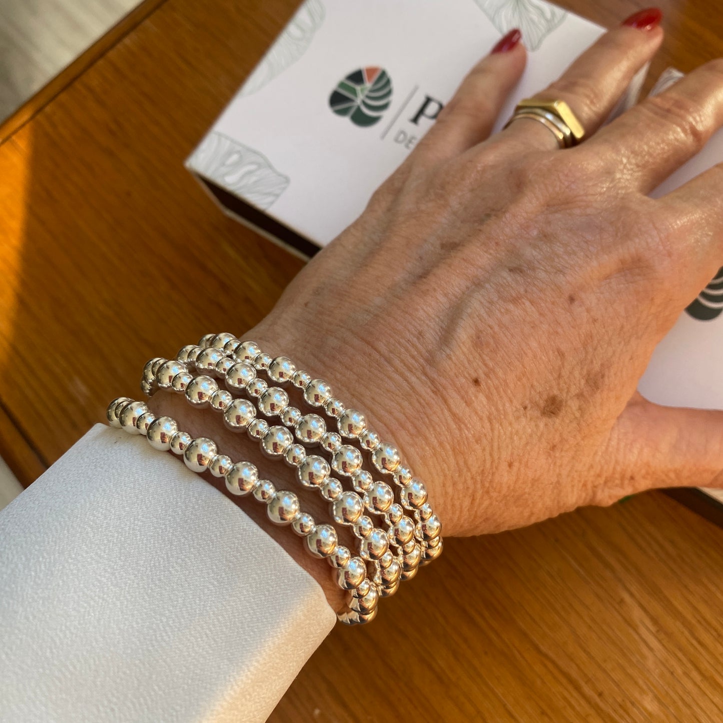 Sterling silver 6&4 beads women stacking bracelet mix 2 sizes stretchy jewelry gift