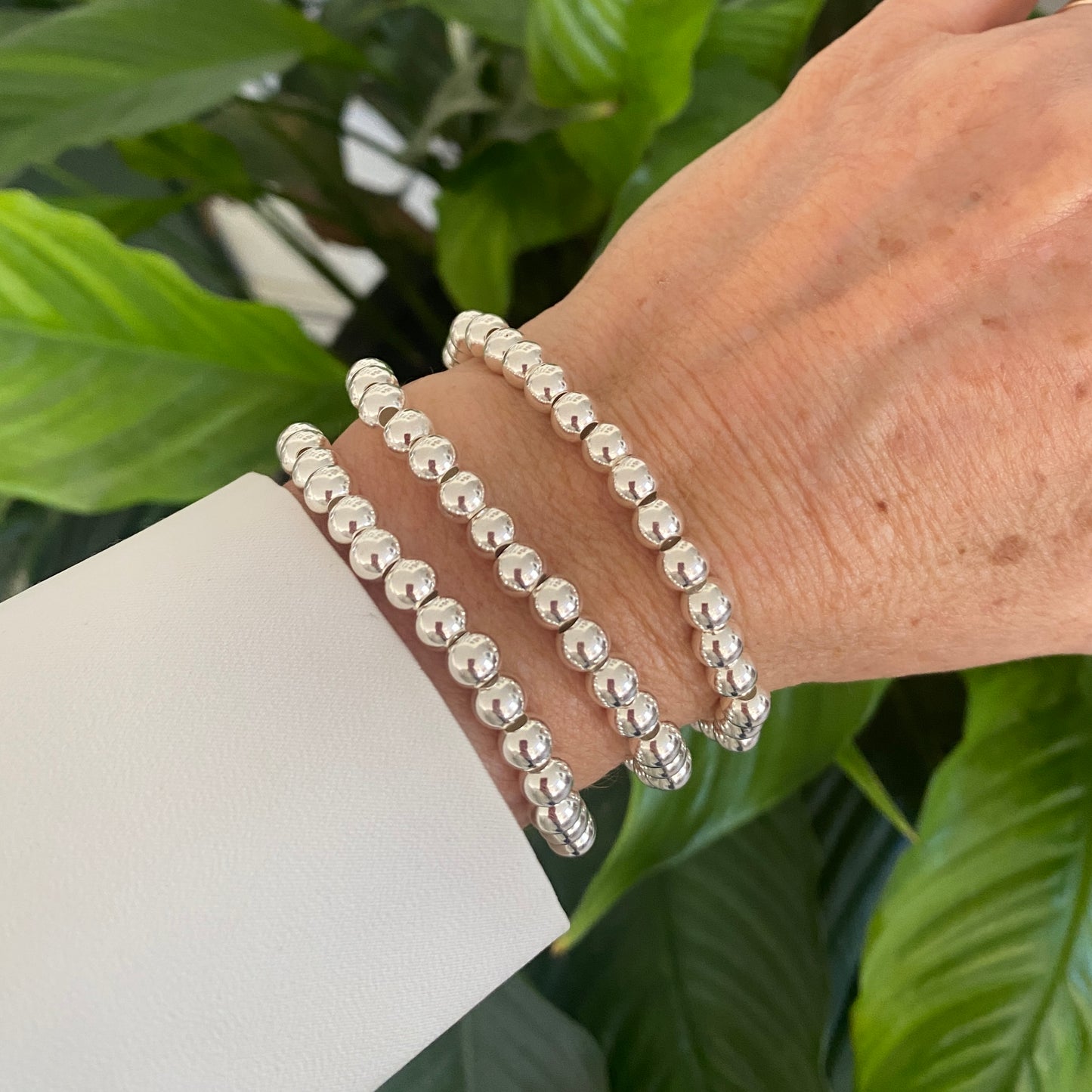 Sterling silver 6mm beaded bracelet stretchy stacking jewelry optional heart charm