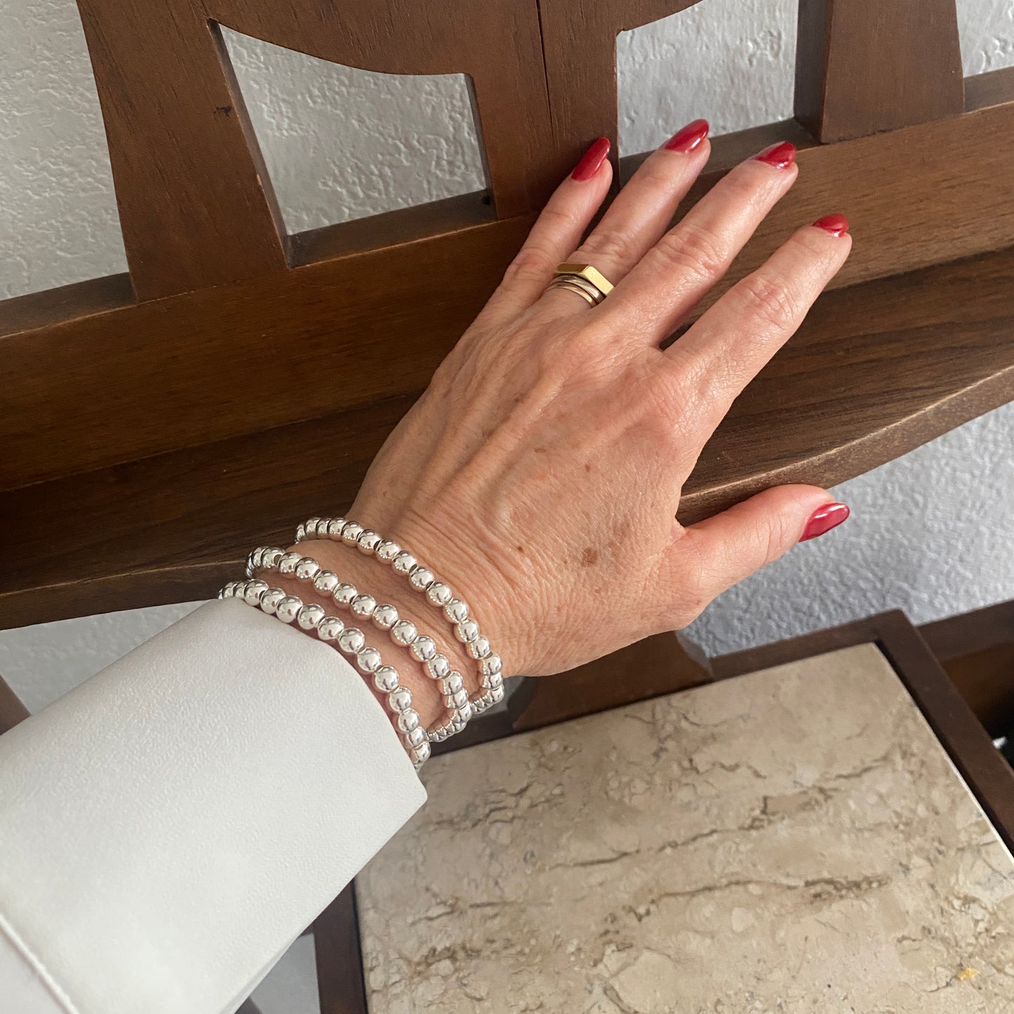 Sterling silver 6mm beaded bracelet stretchy stacking jewelry optional heart charm