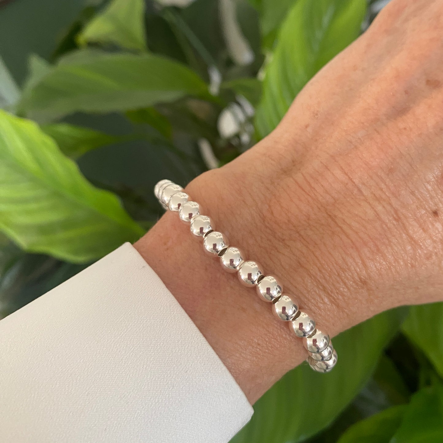 Sterling silver 6mm beaded bracelet stretchy stacking jewelry optional heart charm