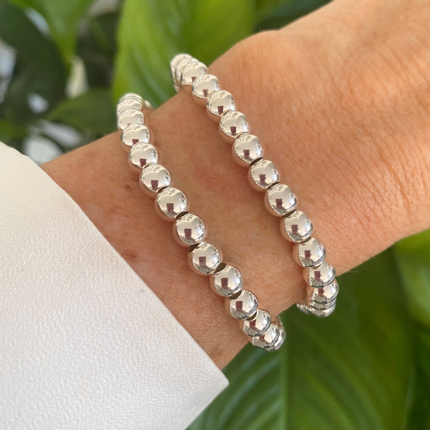 Sterling silver 6mm beaded bracelet stretchy stacking jewelry optional heart charm