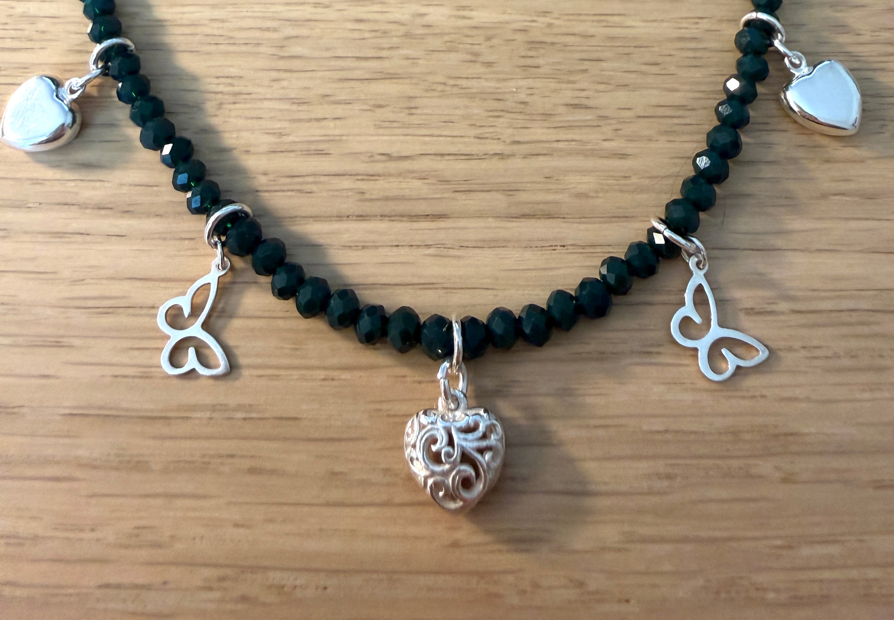 Crystal Beaded Choker Necklace with Sterling Silver Charms