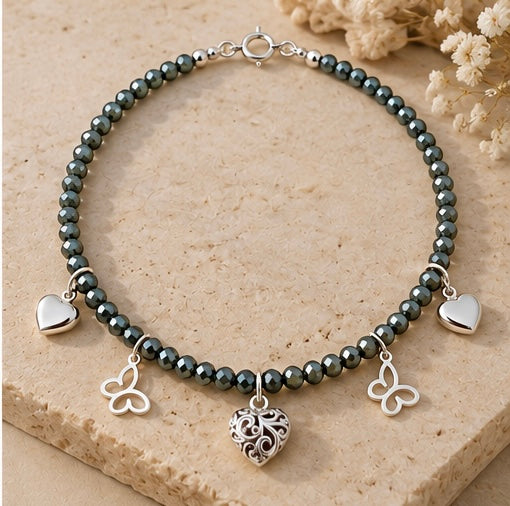 Crystal Beaded Choker Necklace with Sterling Silver Charms