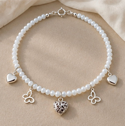 Crystal Beaded Choker Necklace with Sterling Silver Charms