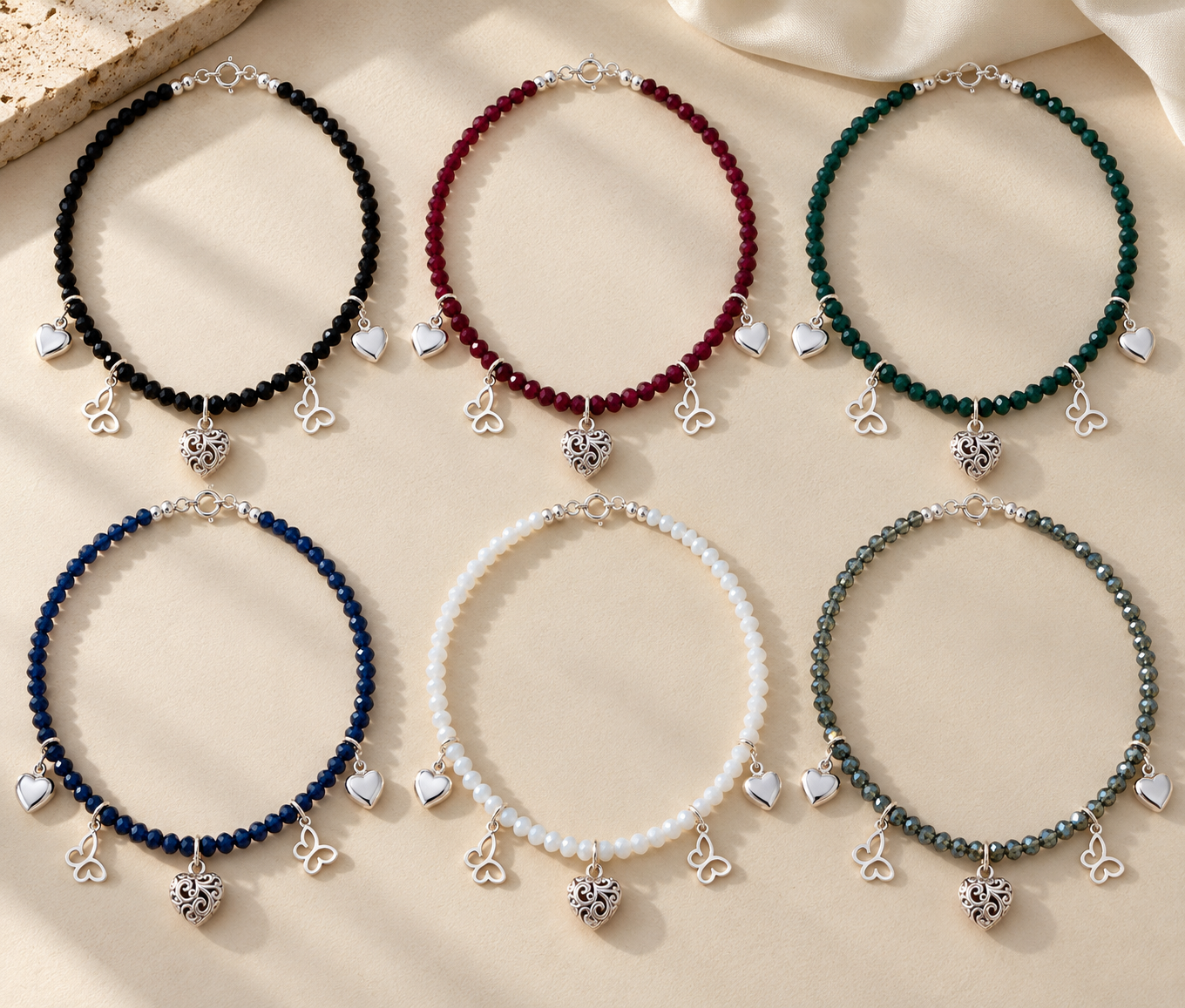 Crystal Beaded Choker Necklace with Sterling Silver Charms