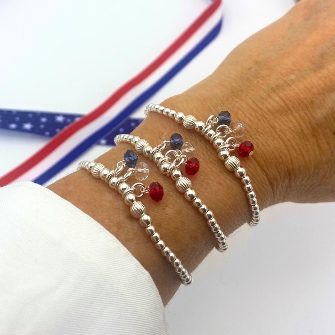 Patriotic crystal charm bracelet silver flag jewelry 4th of July gift set