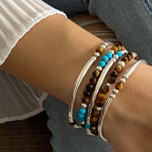 Tiger Eye Turquoise Silver Bracelet 925 Sterling Layering Beaded Jewelry Gift for Mom