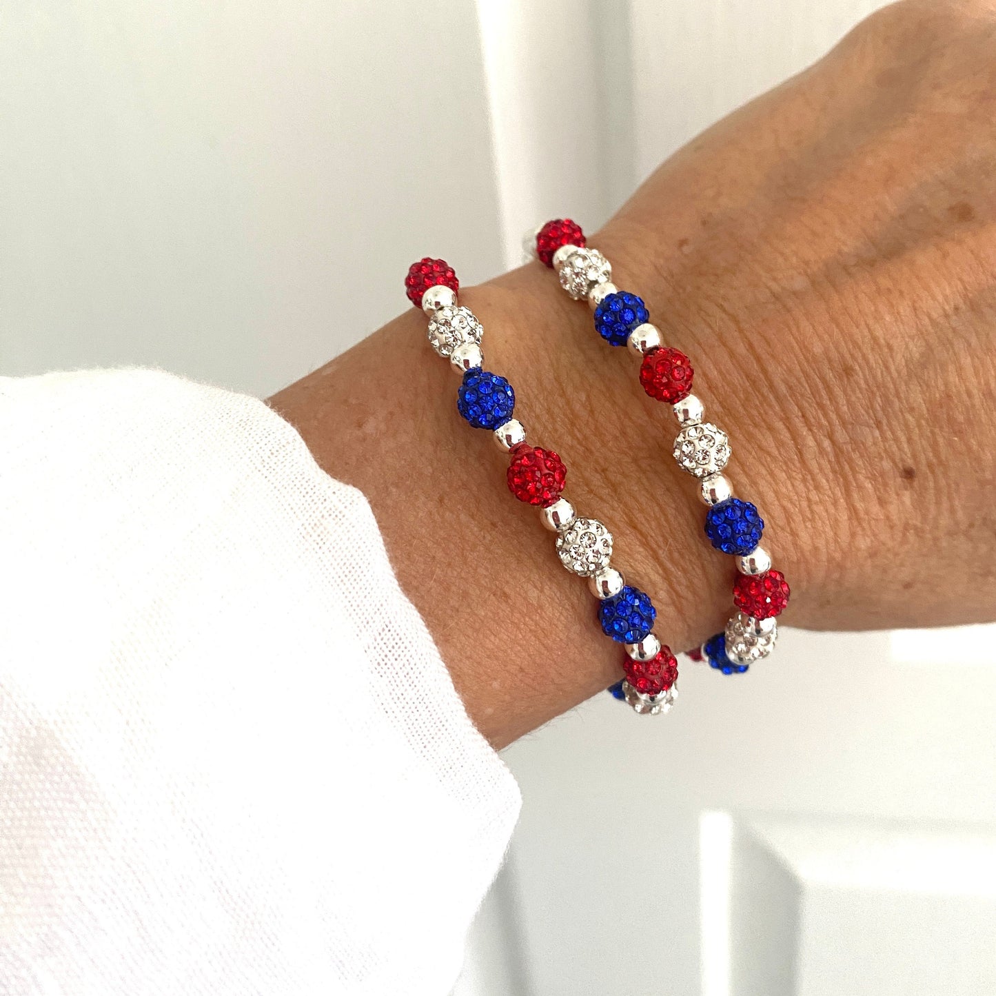 Red white blue bracelet USA crystal jewelry patriotic stretchy gift for her