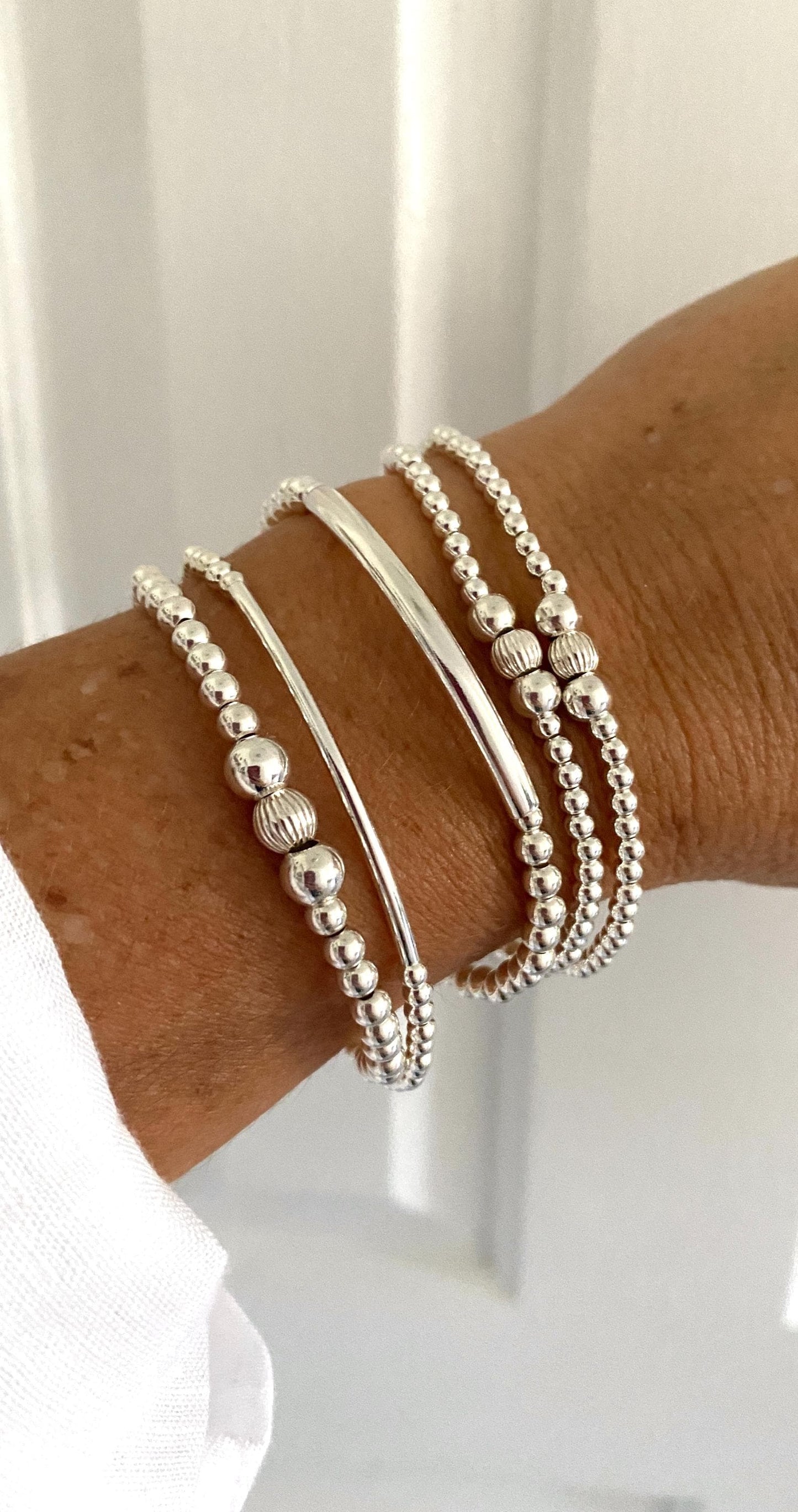 Sterling silver beaded bracelet for women stacking stretchy jewelry bridesmaid gift wedding set