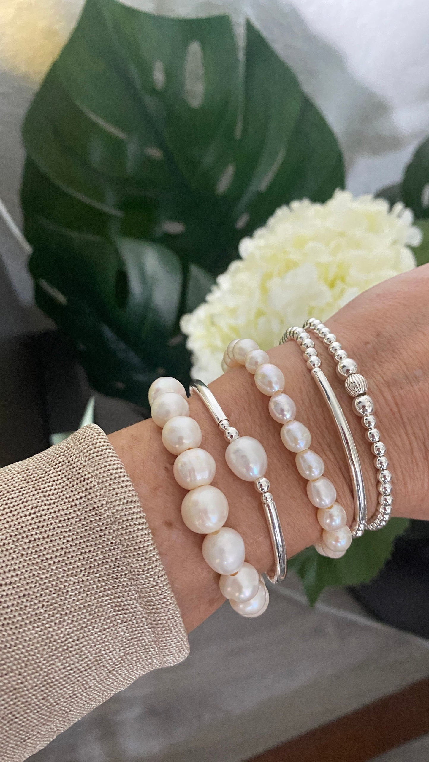 Sterling silver pearl bracelet and earrings set wedding day jewelry accessory bridesmaid personalized friendship gift