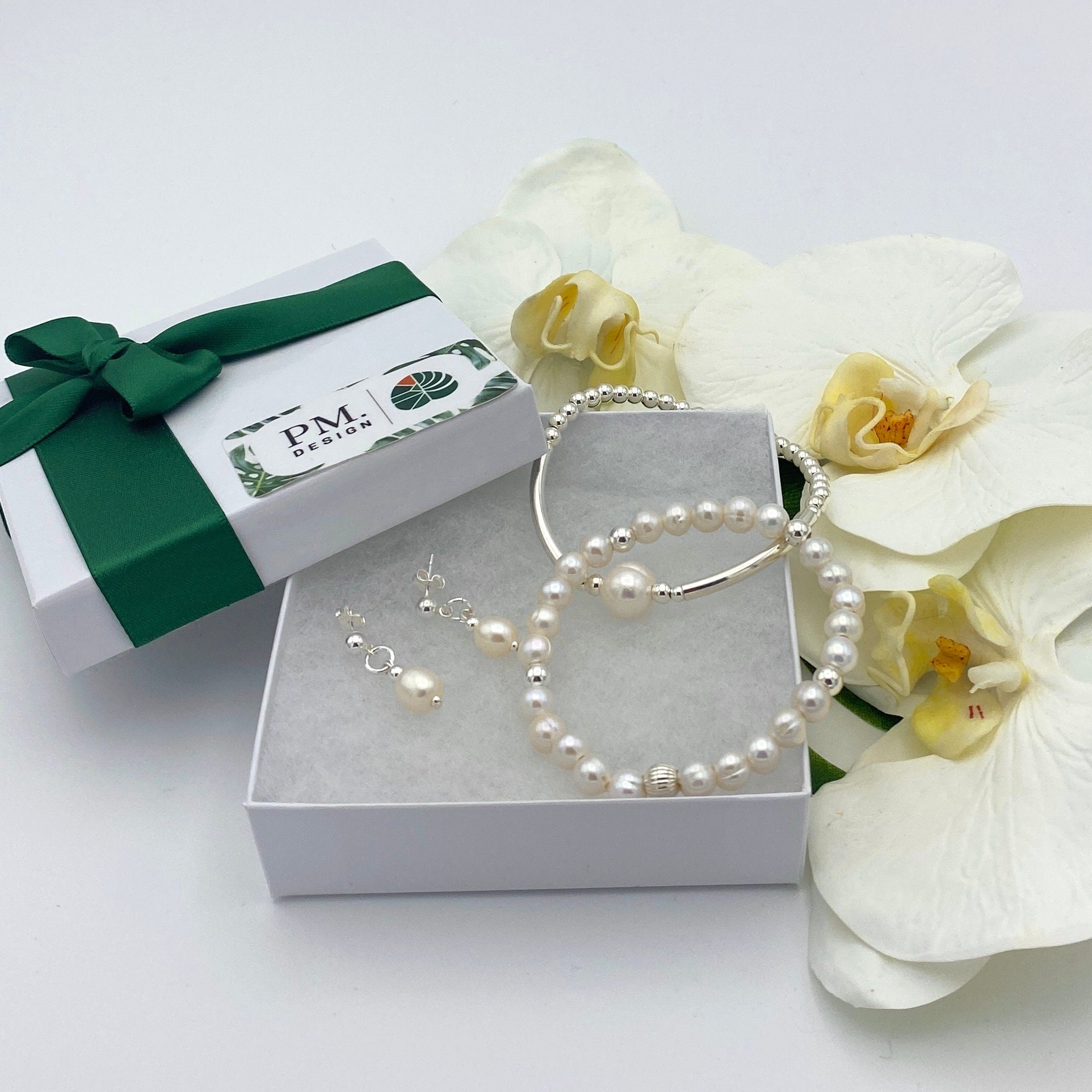 Sterling Silver Pearl Bridal Bracelet and Earrings Set