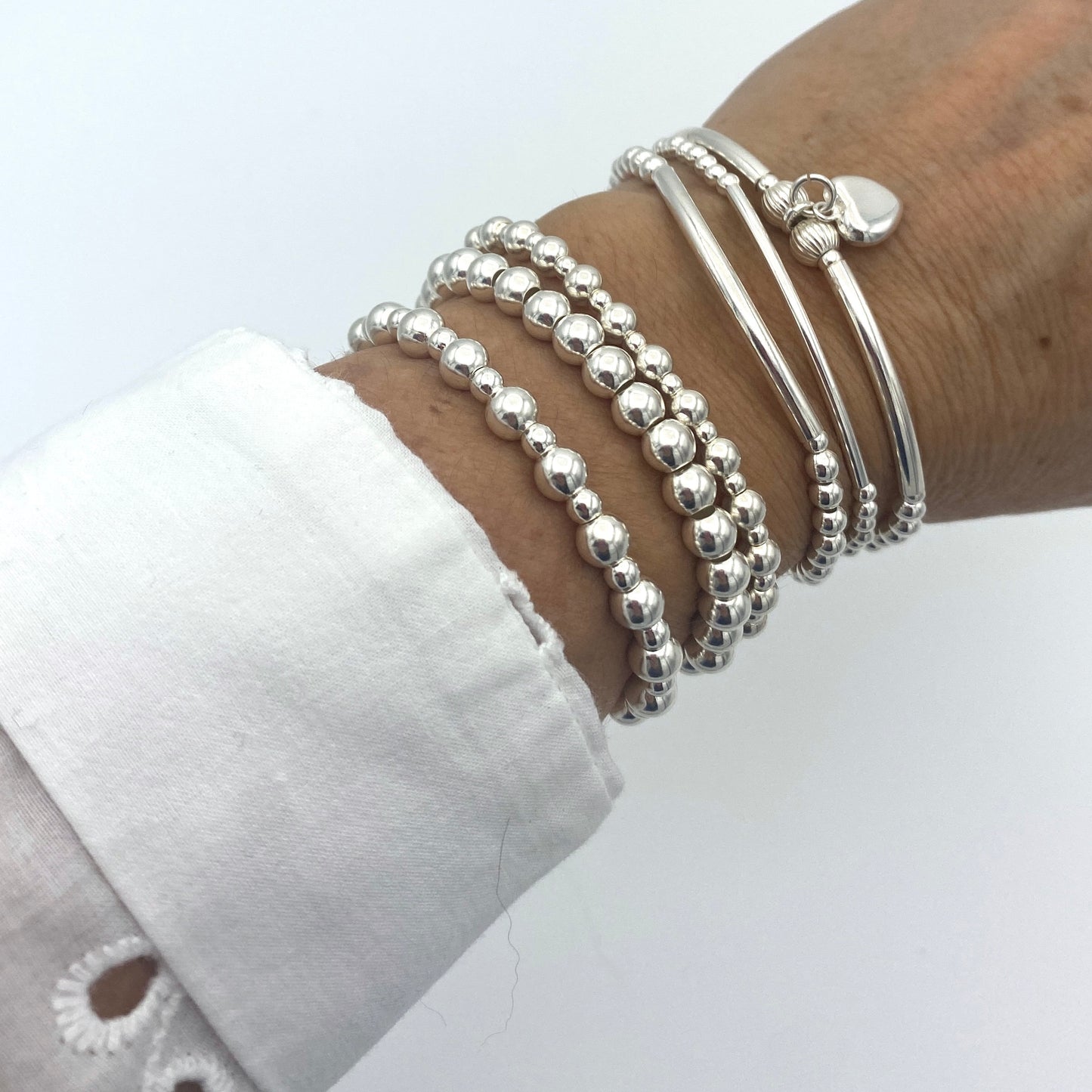 Sterling silver heart charm bracelet for women beaded stretchy jewelry birthday friendship gift