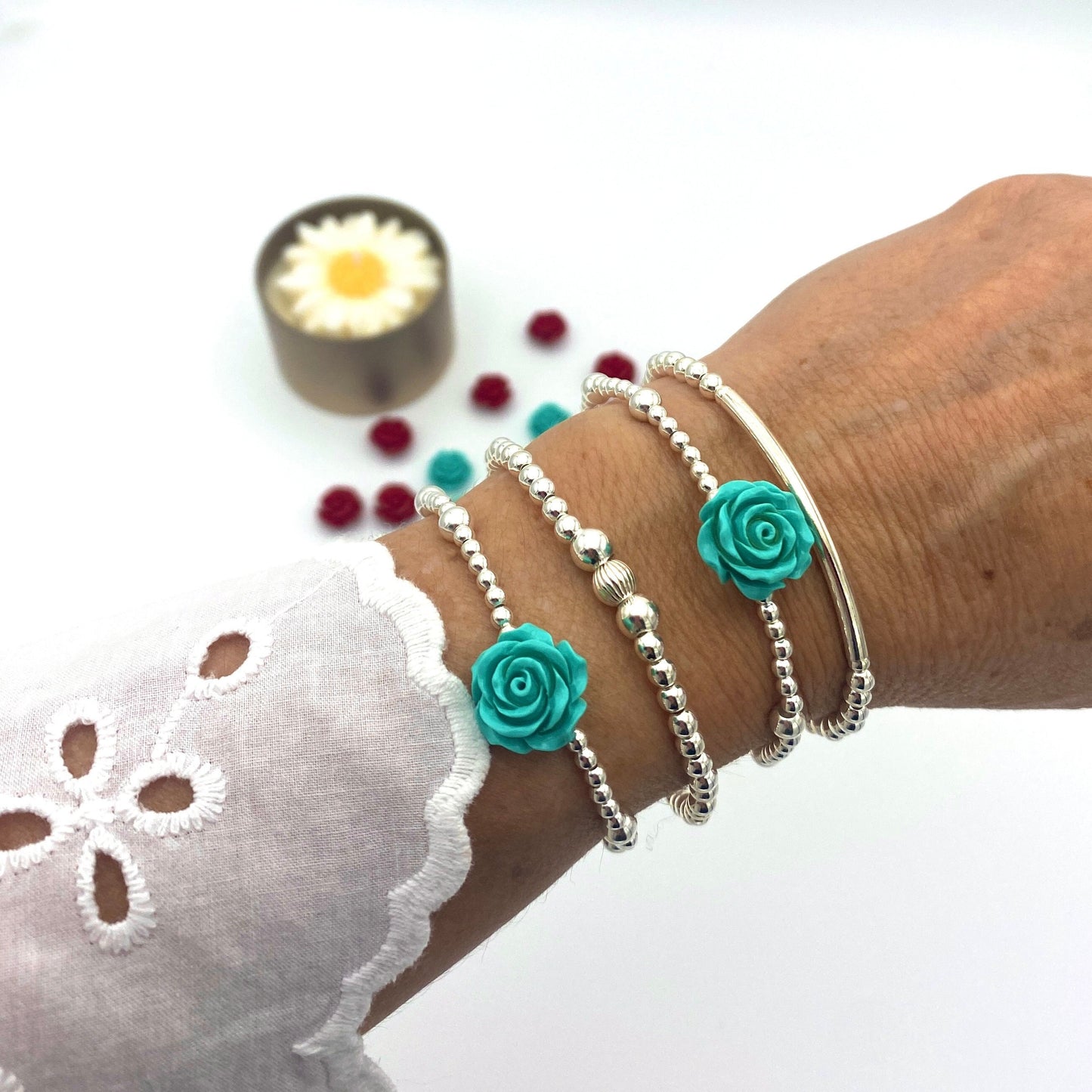 Blue flower bracelet and rose earrings set sterling silver spring gift