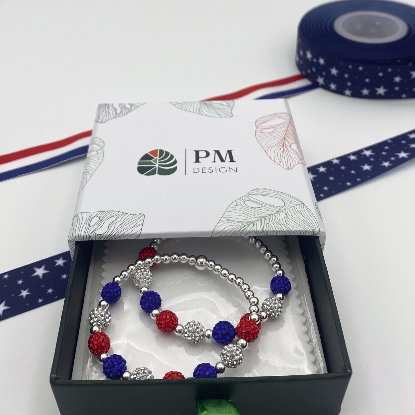 Red white blue bracelet USA crystal jewelry patriotic stretchy gift for her