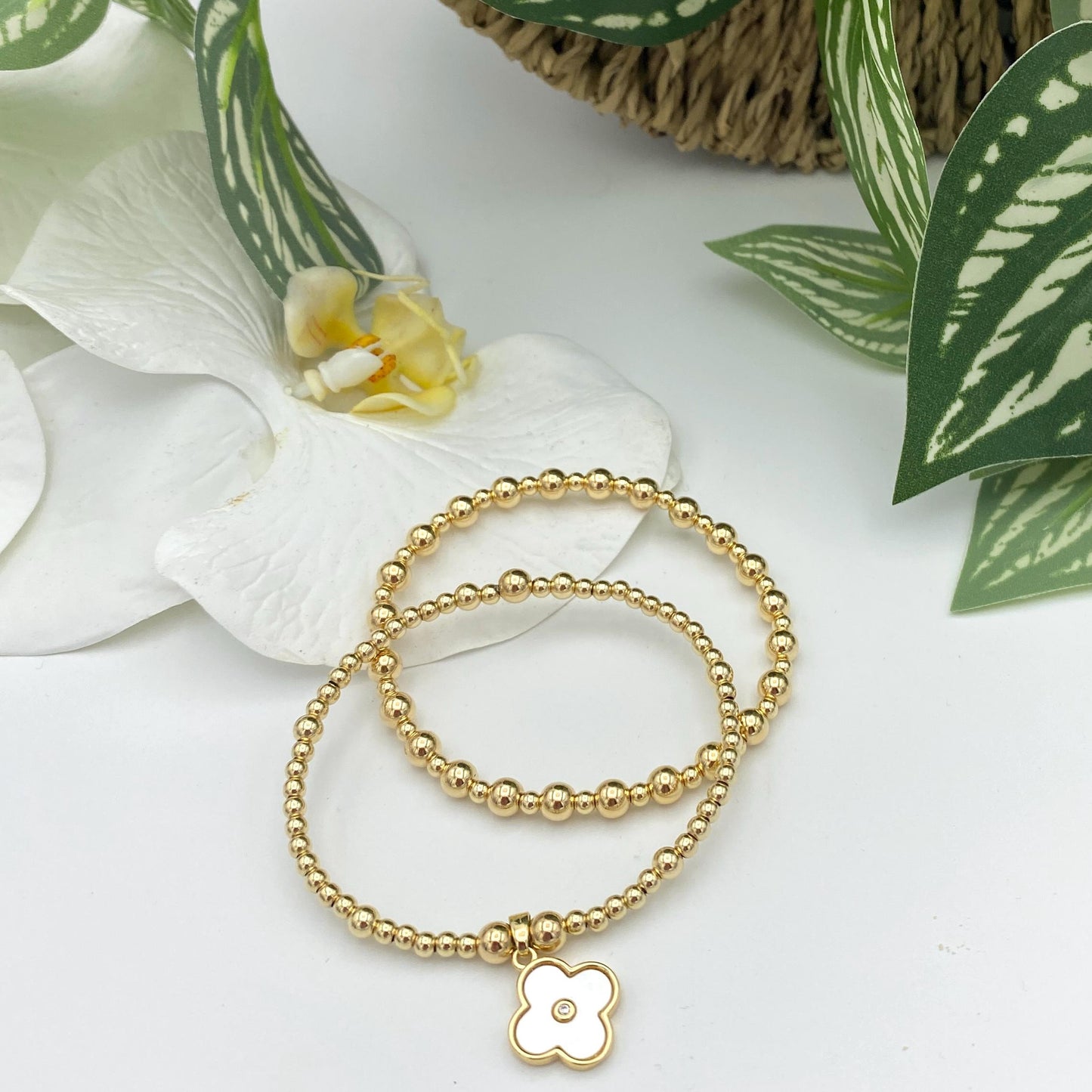 Gold filled white flower charm set pearl clover gold charm women jewelry wedding pearl charm gold set elegant bracelet earrings gift for mom