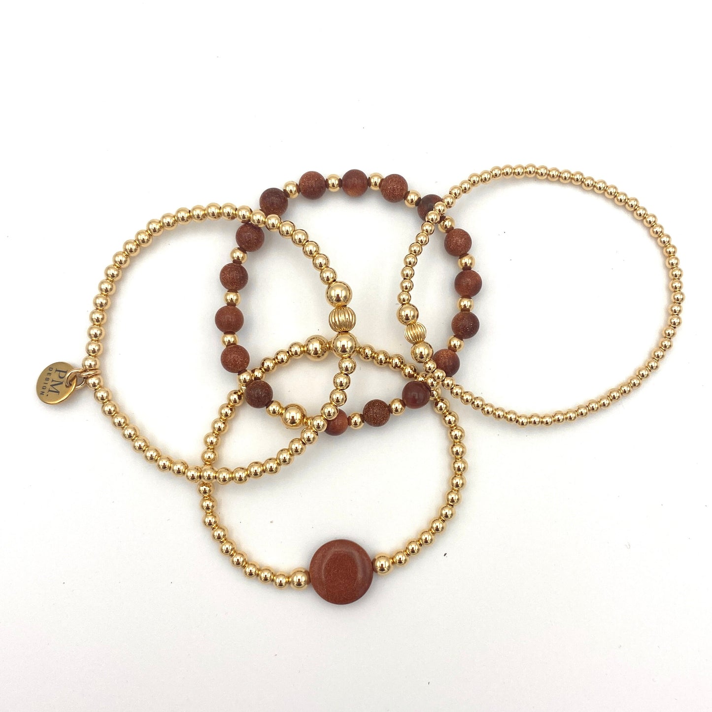 Gold filled sandstone beaded bracelet Set brown goldstone women jewelry stretchy stacking fall color gift