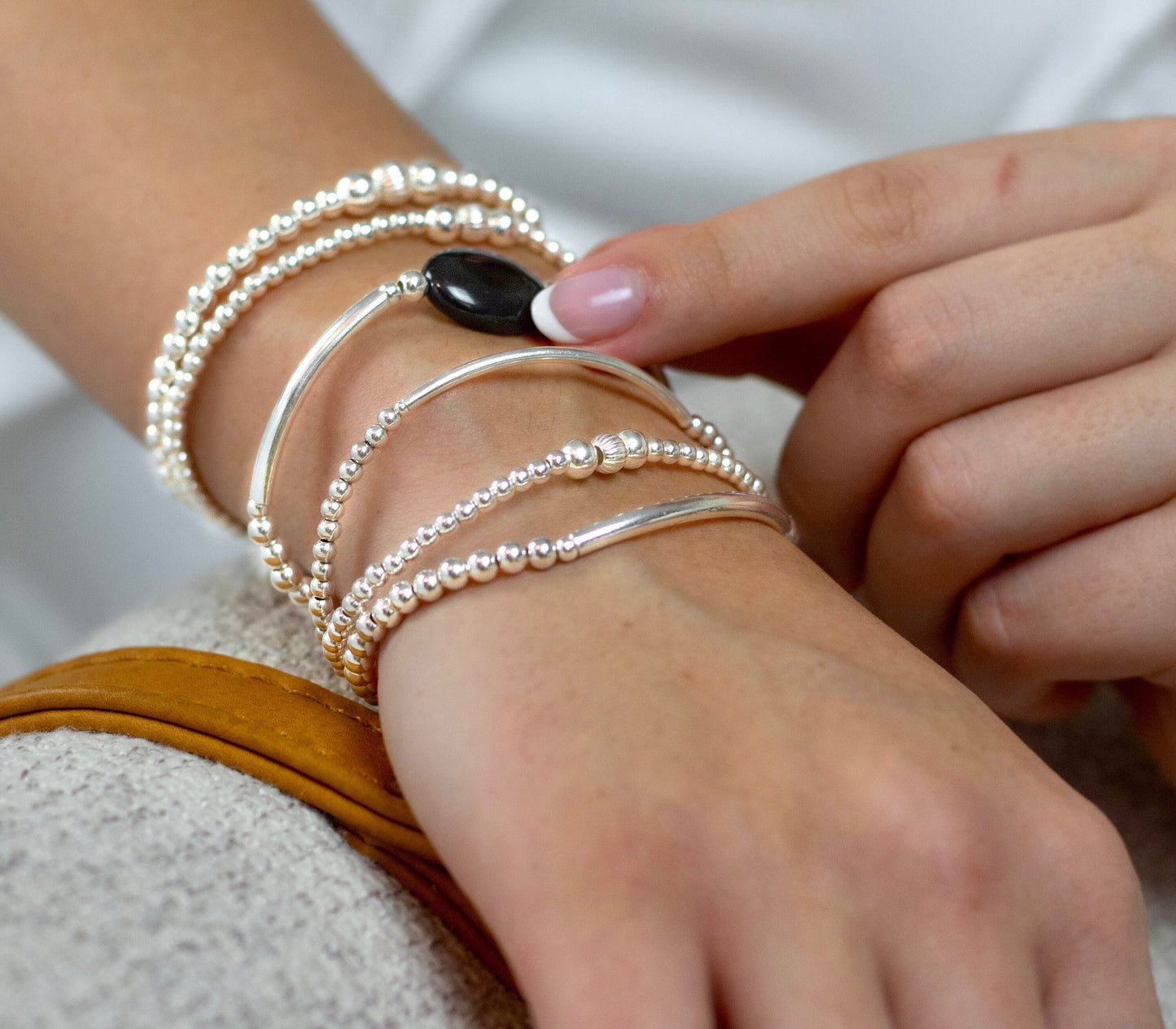 Black onyx sterling silver stacking bracelet women stretchy gemstone jewelry friend birthday gift