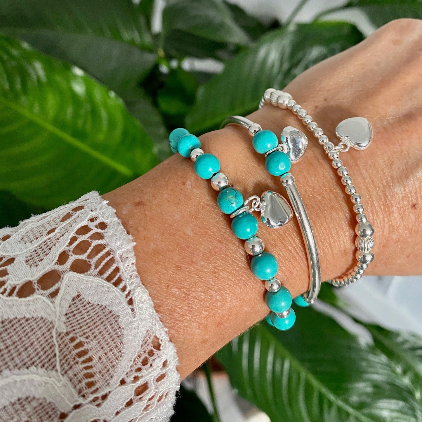 Turquoise Silver heart charm beaded bracelet stacking jewelry gift for women