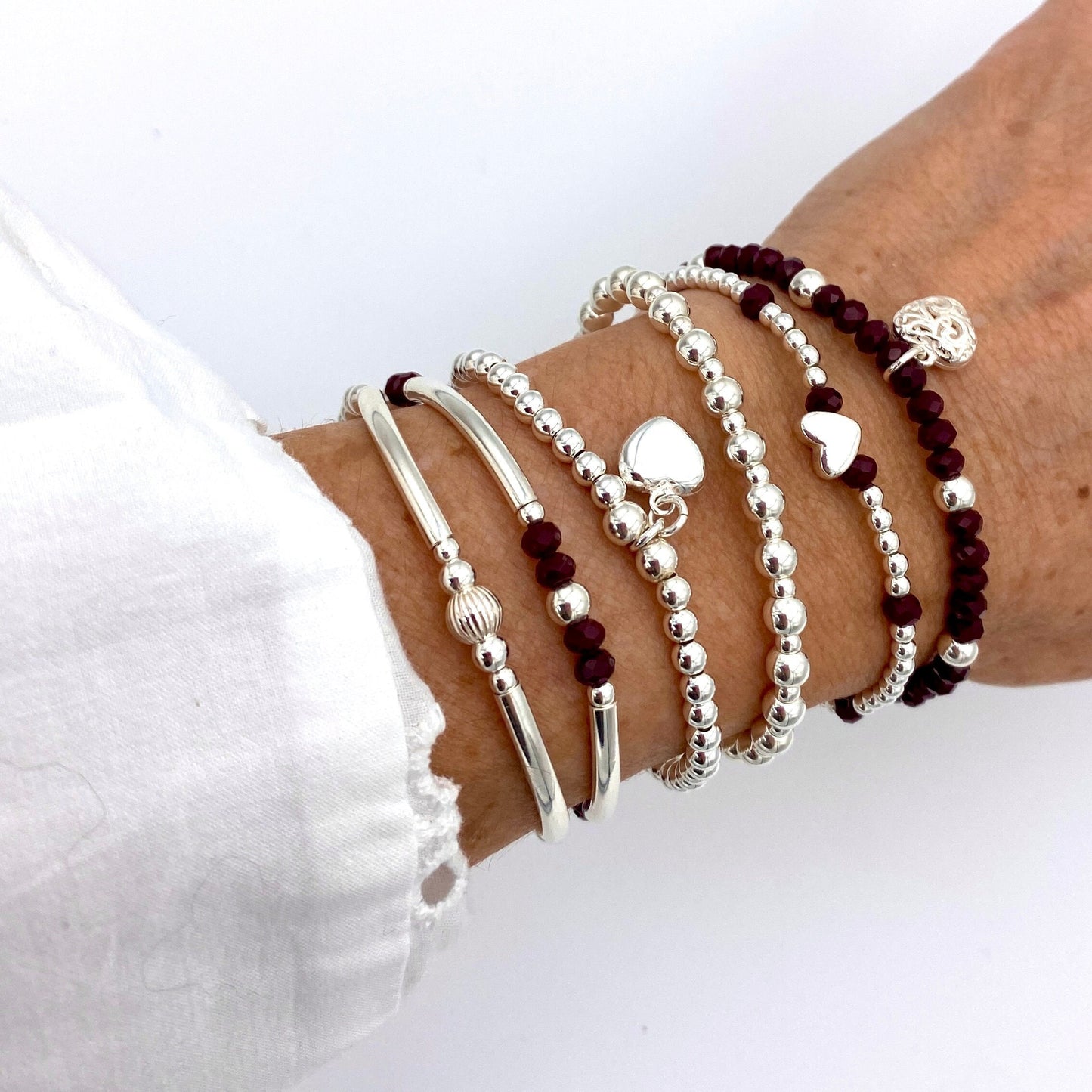 Sterling silver wine crystal bracelet for women heart charm stretchy personalized jewelry gift