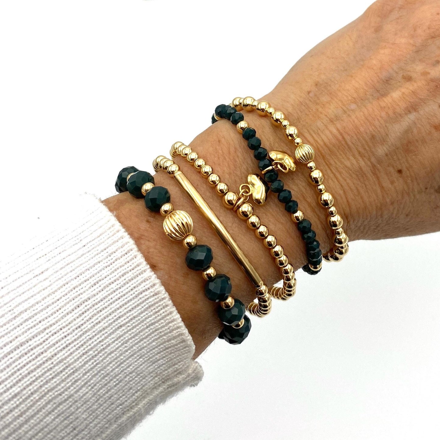 Gold Filled Green Bracelet Set with Heart Charm Elegant Gift for Her