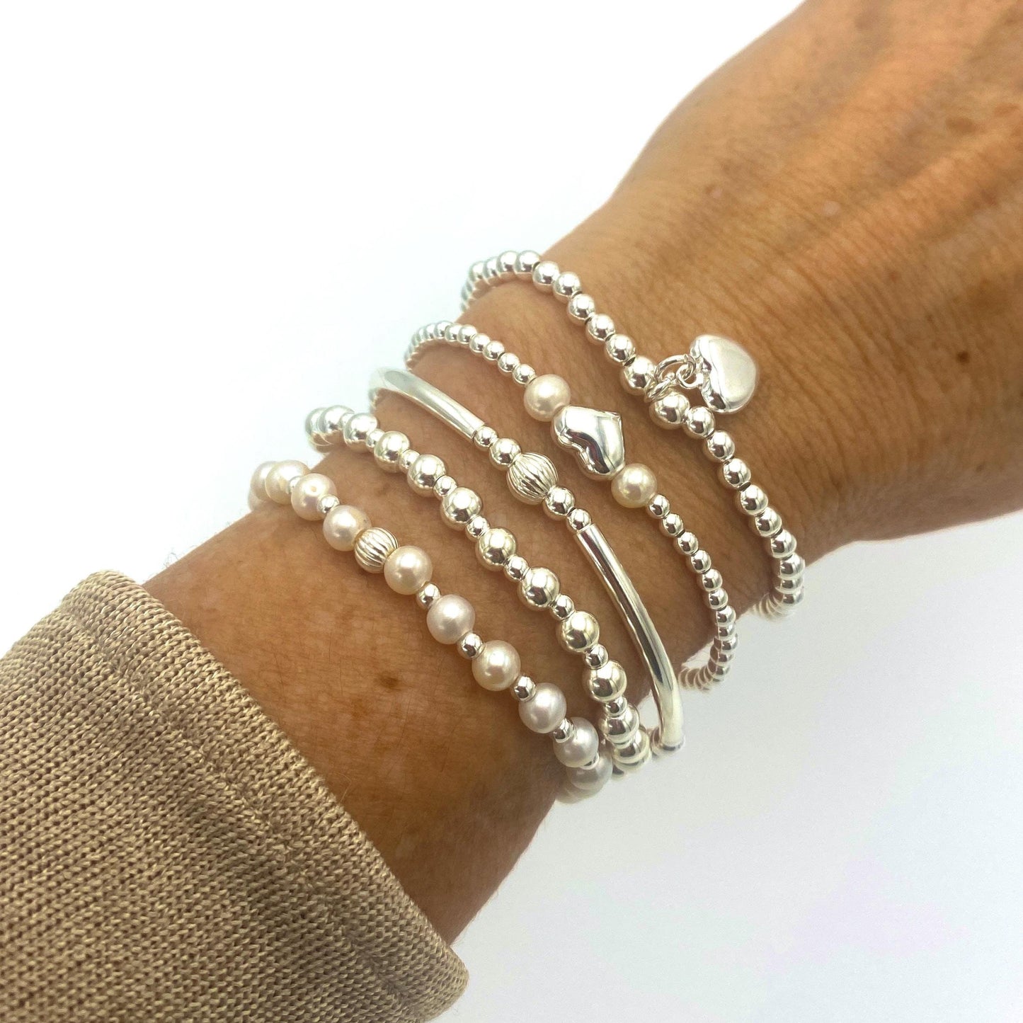 Pearl heart charm bracelet sterling silver wedding jewelry set gift for bridesmaid