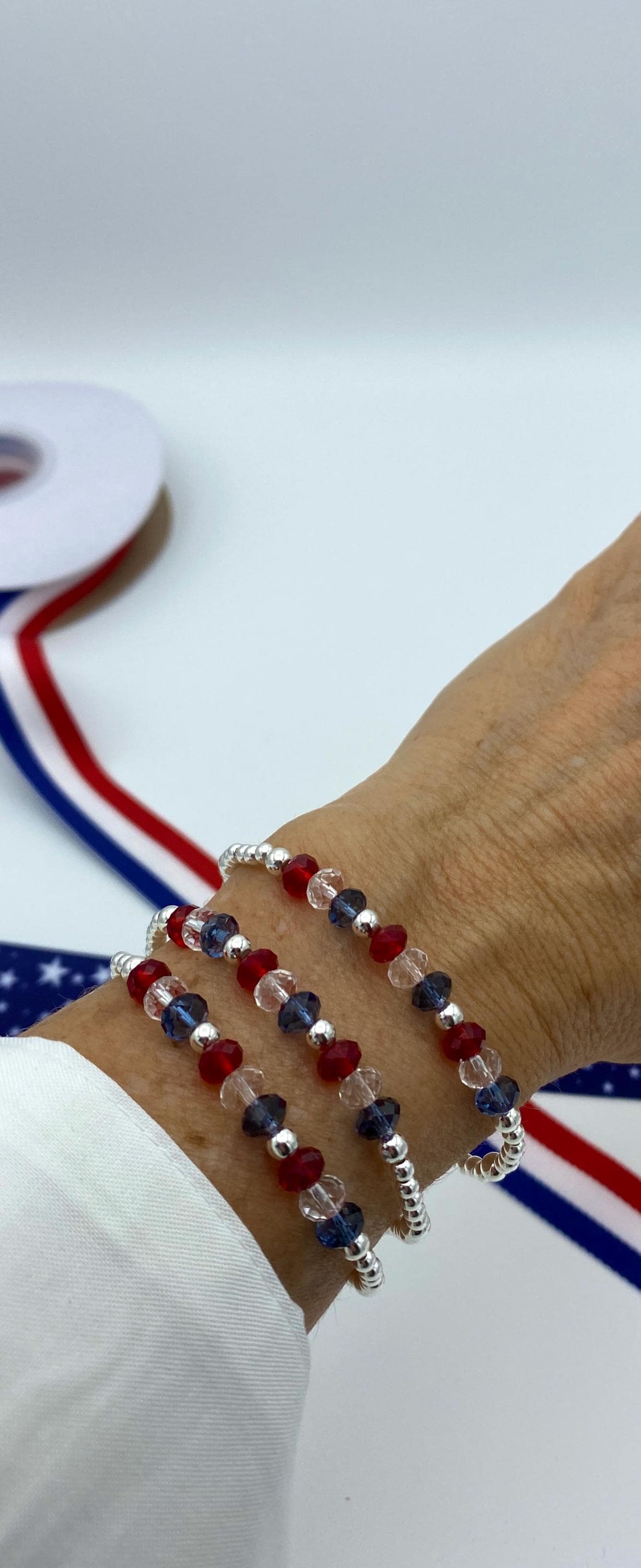 USA patriotic bracelet set silver red white blue crystal gift