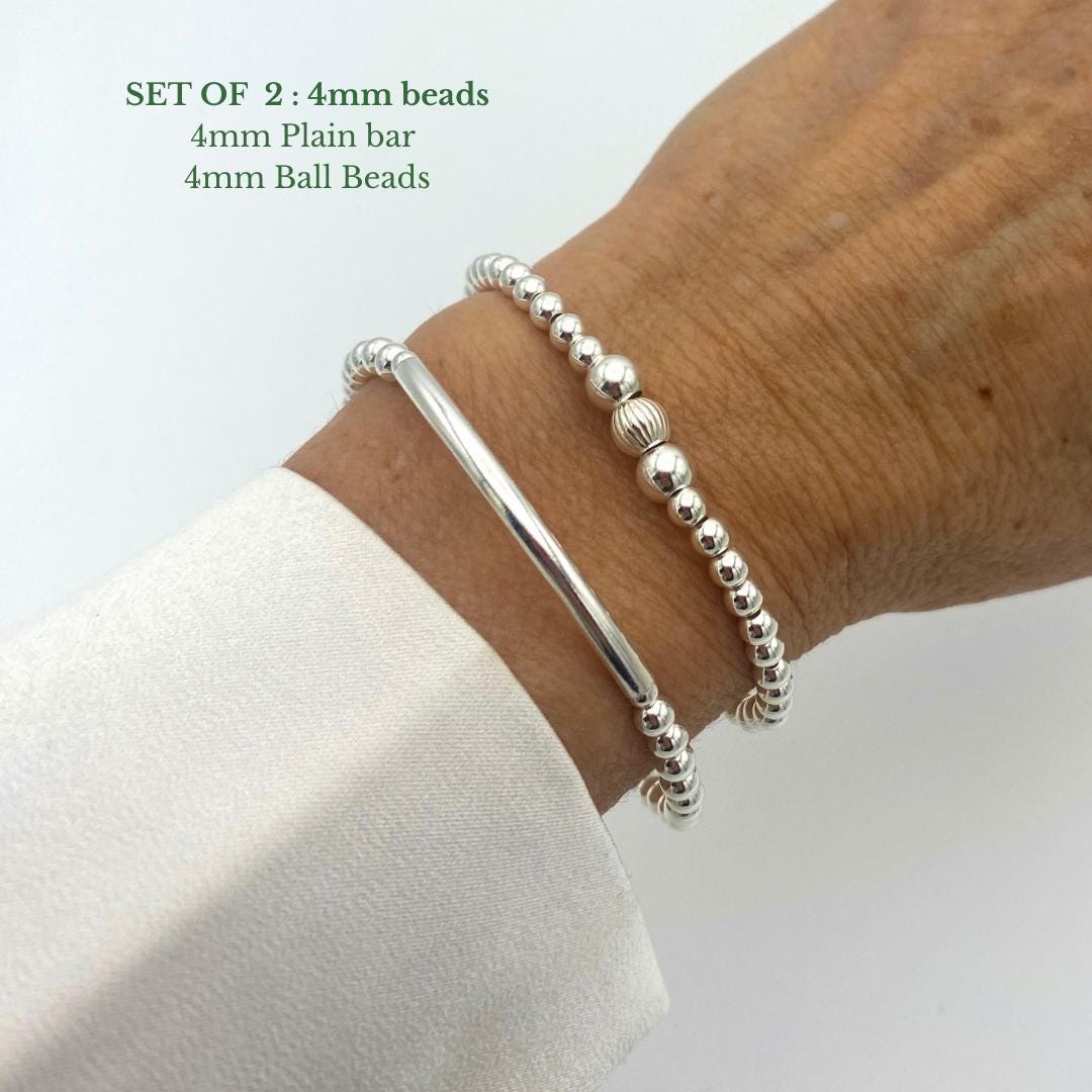 Sterling silver stacking bracelet set beaded minimalist jewelry gift for women