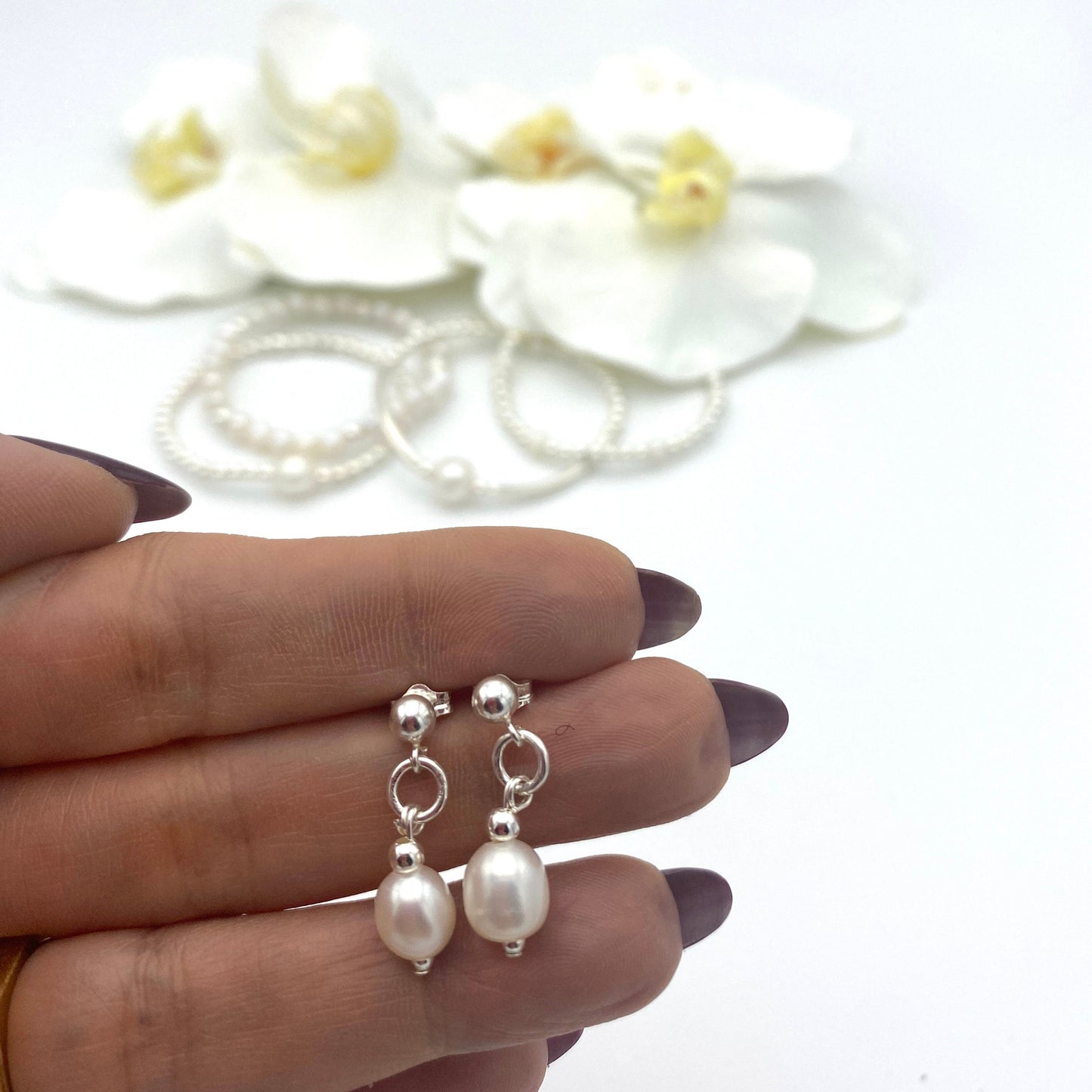 Sterling silver pearl bracelet and earrings set bridesmaid gift delicate bridal jewelry for bride or mother of the bride