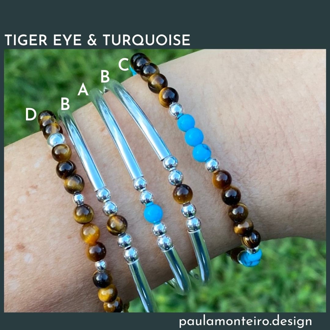 Tiger Eye Turquoise Silver Bracelet 925 Sterling Layering Beaded Jewelry Gift for Mom