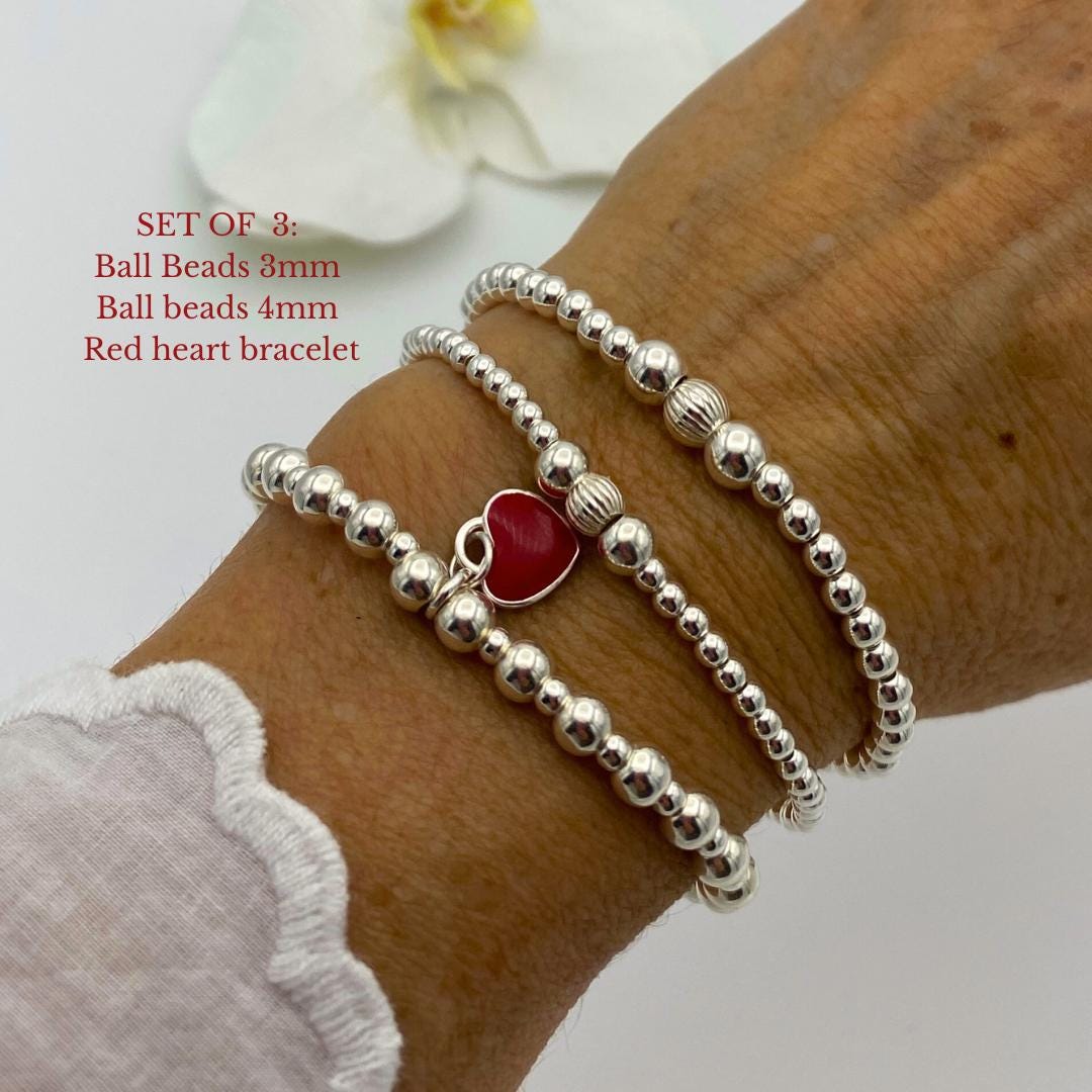 sterling silver red heart charm personalized bracelet stretchy jewelry set gift for women