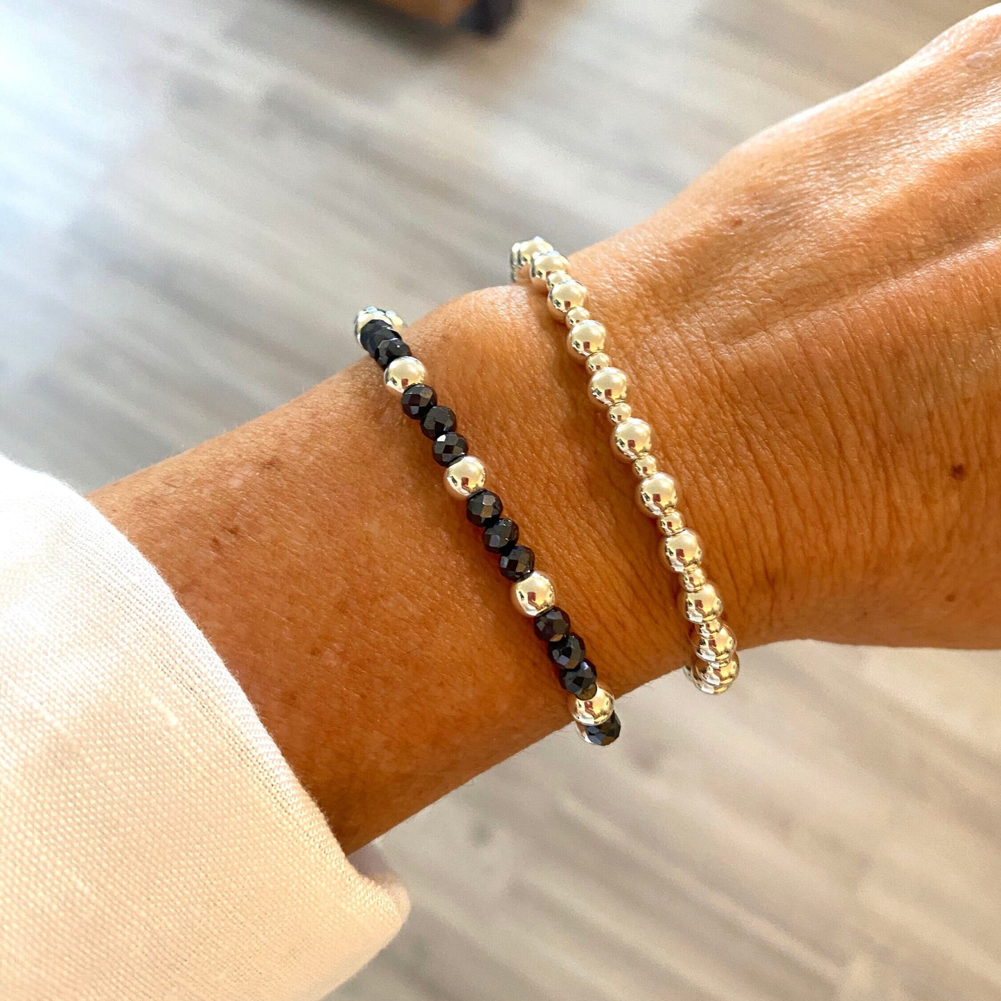 Blue crystal sterling silver beaded bracelet stretchy jewelry set gift for women