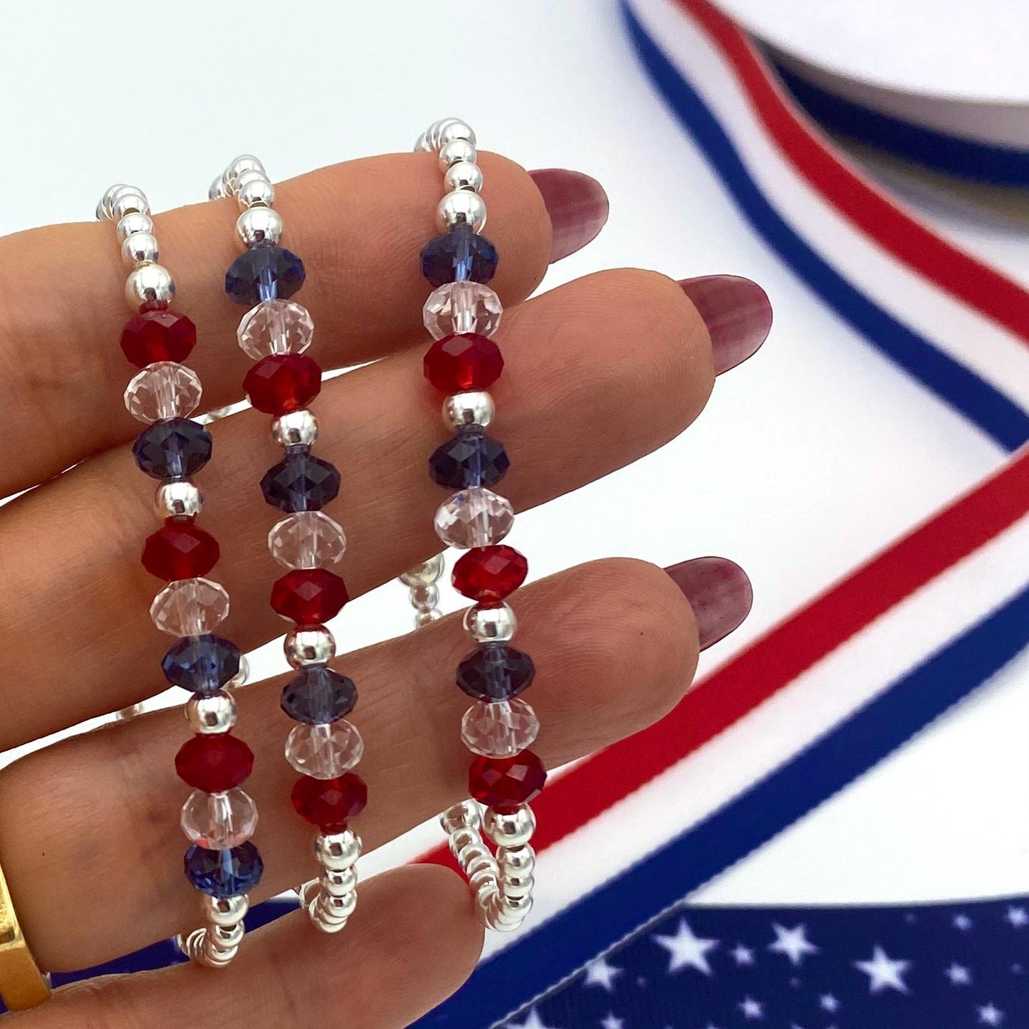 USA patriotic bracelet set silver red white blue crystal gift
