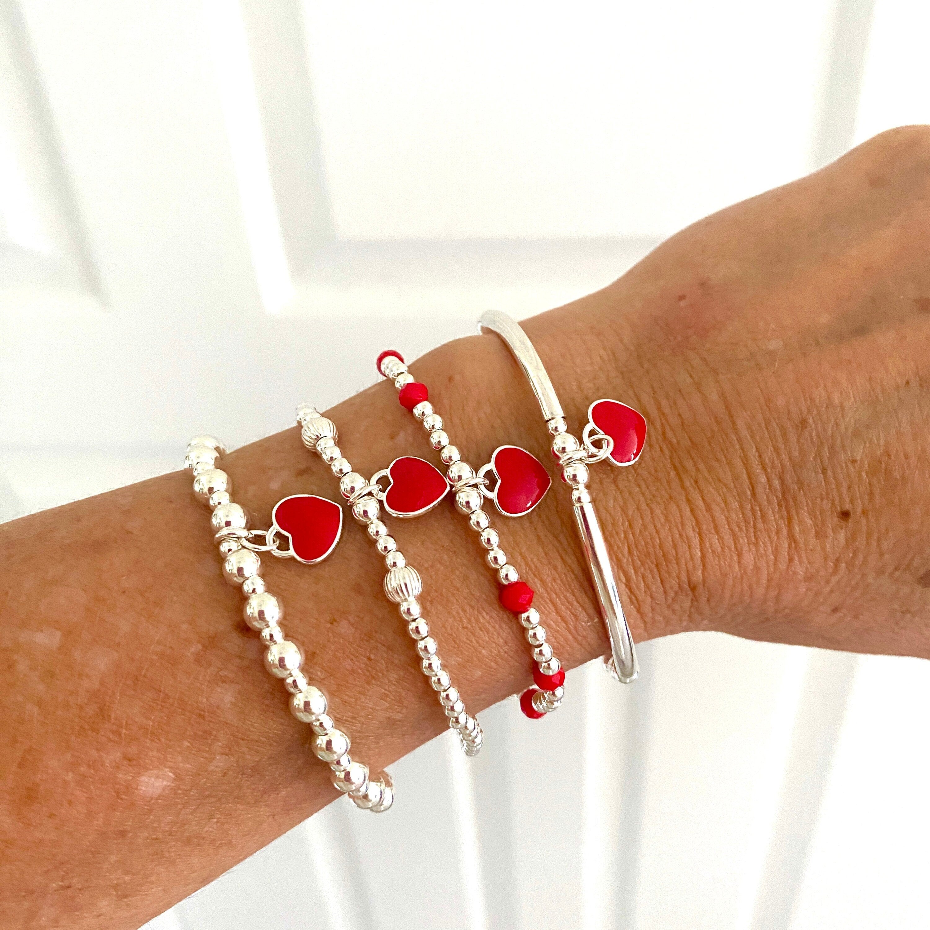 Sterling Silver Red Heart Charm Bracelet Set