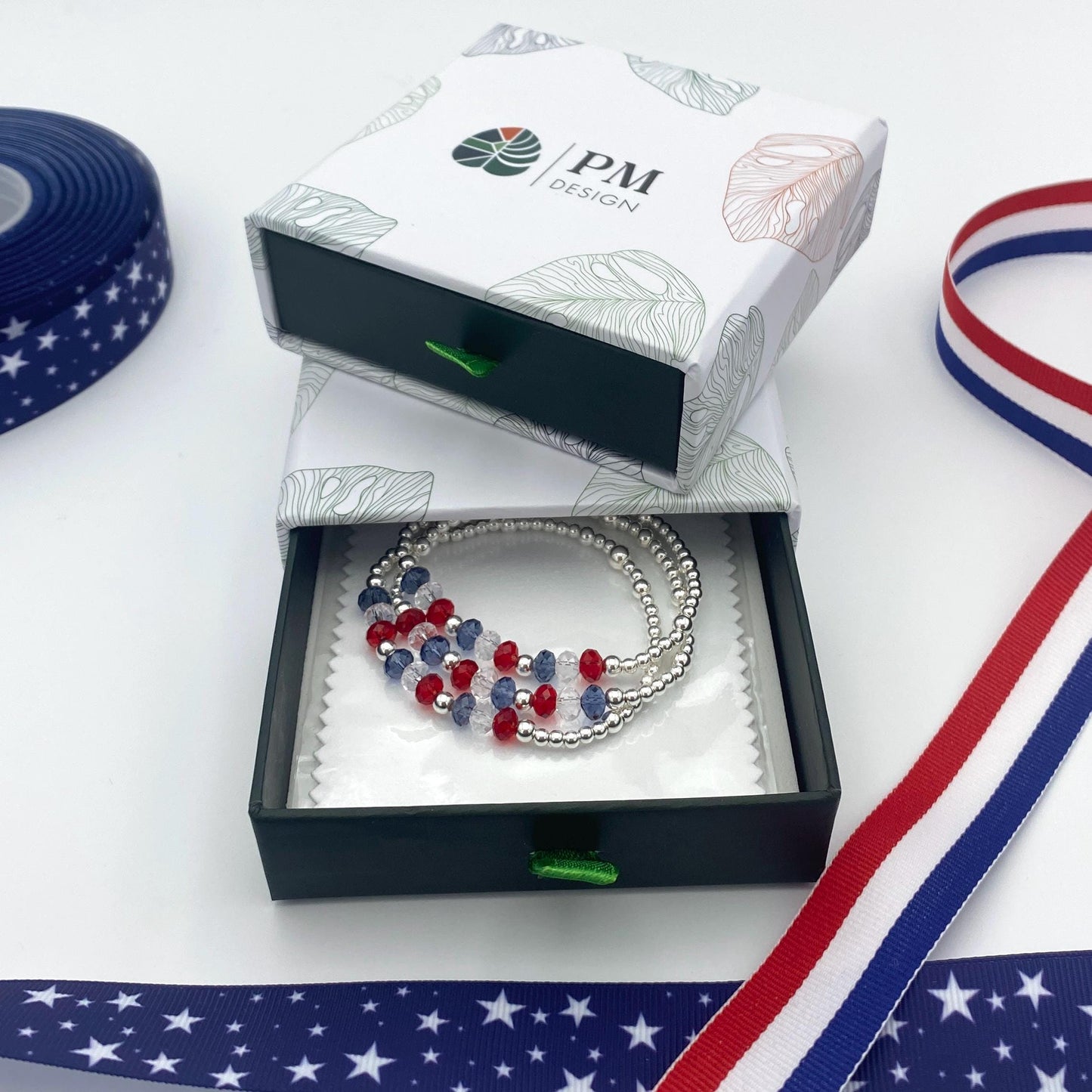 USA patriotic bracelet set silver red white blue crystal gift