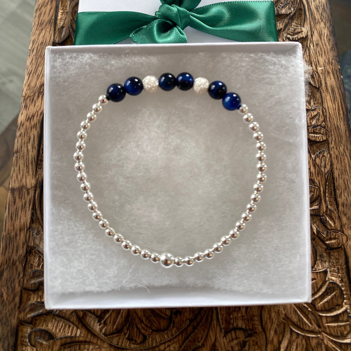 Sterling Silver Blue Gemstone Bracelet Set with Tiger Eye and Stardust Beads