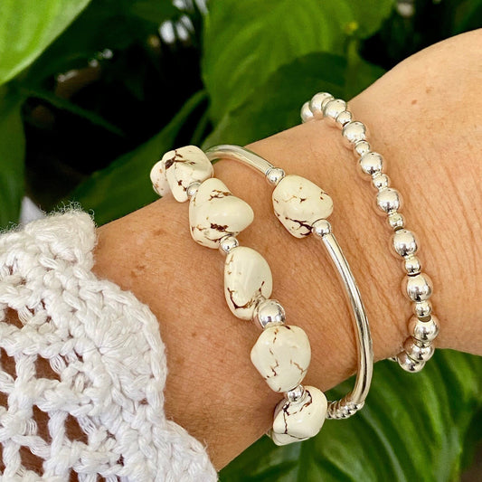 Sterling Silver and White Howlite Stretchy Bracelet Beaded Bracelet for Women Special Gift Jewelry