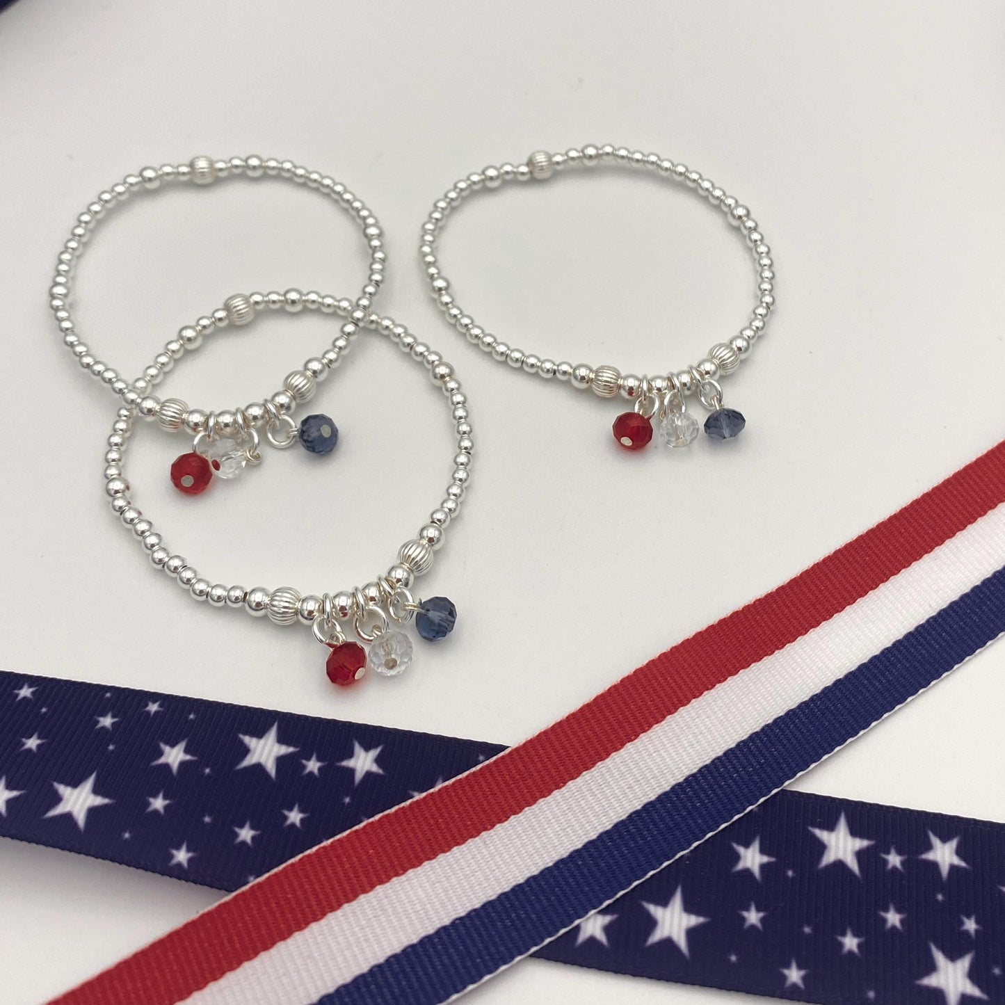 Patriotic crystal charm bracelet silver flag jewelry 4th of July gift set