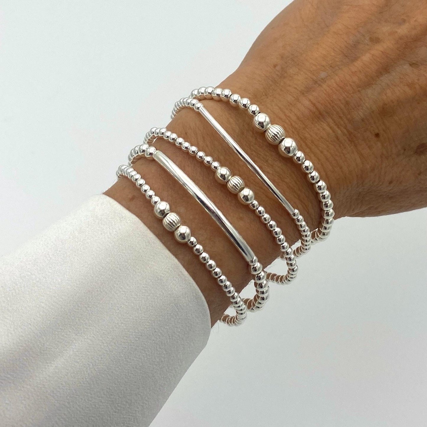Sterling silver stacking bracelet set beaded minimalist jewelry gift for women