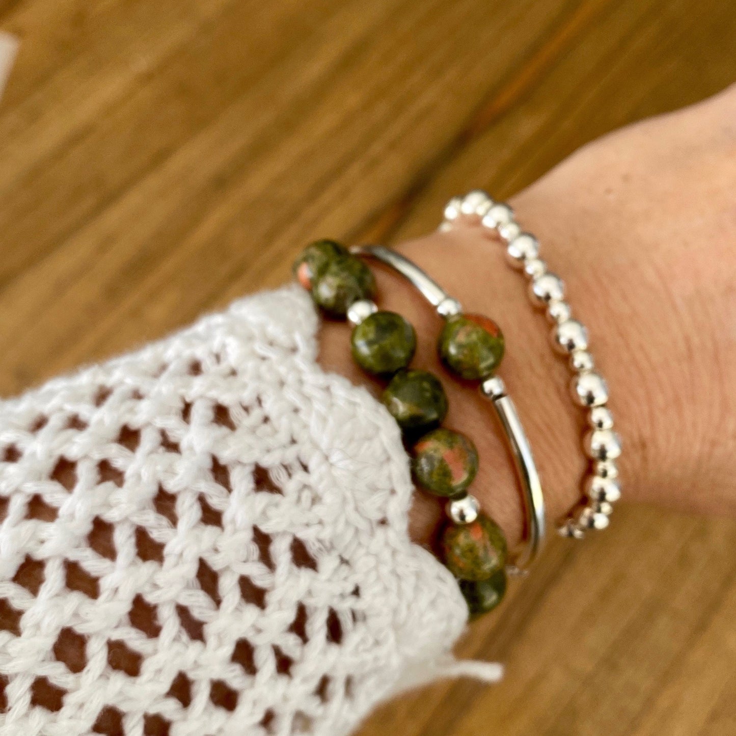 Silver and Green Beaded Bracelet Sterling Silver Stretchy Gift for Women