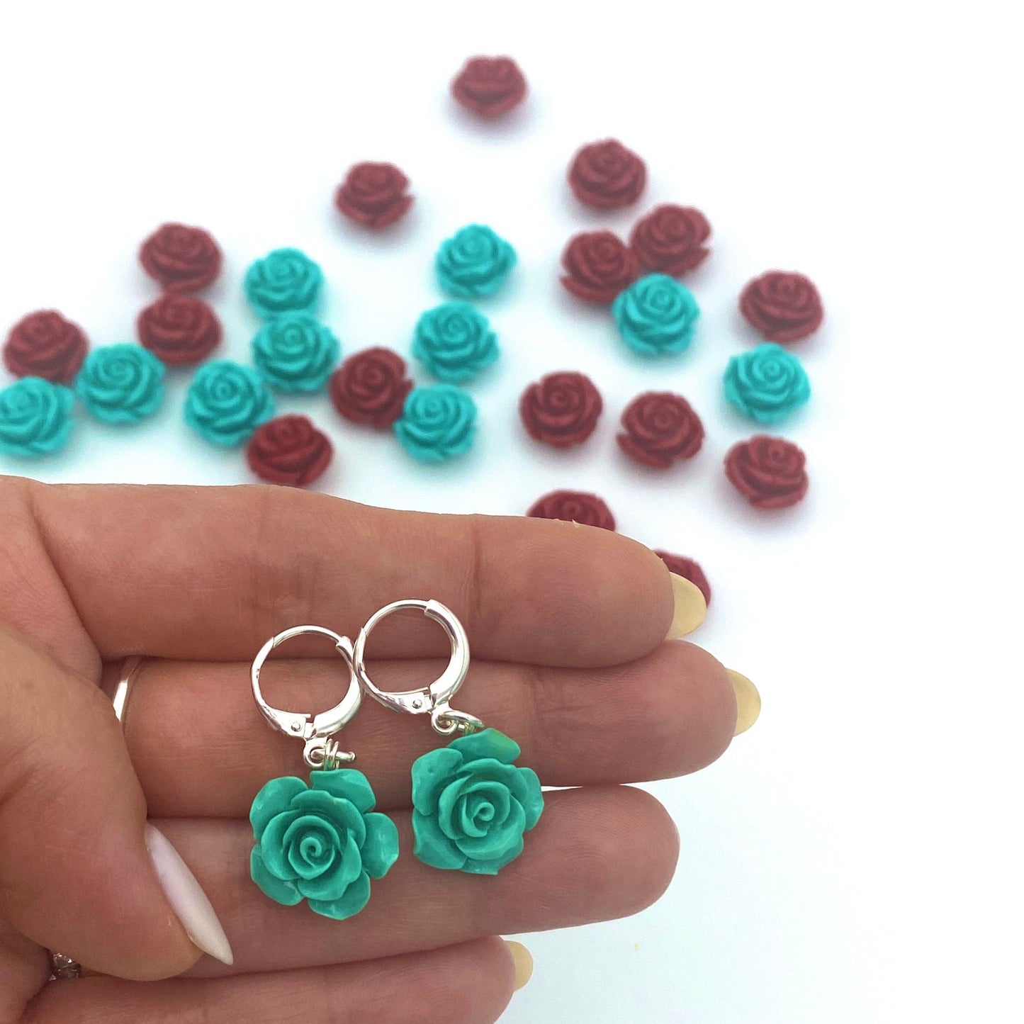 Blue flower bracelet and rose earrings set sterling silver spring gift