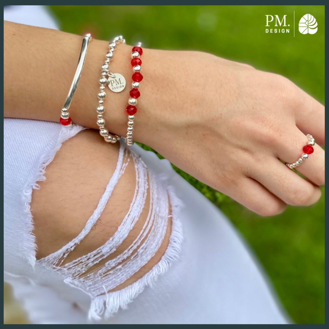 Red crystal sterling Silver Beaded Bracelet Crystal and Sterling Silver Tube Layering Bracelets Bright Cystal Stack Love mom gift idea