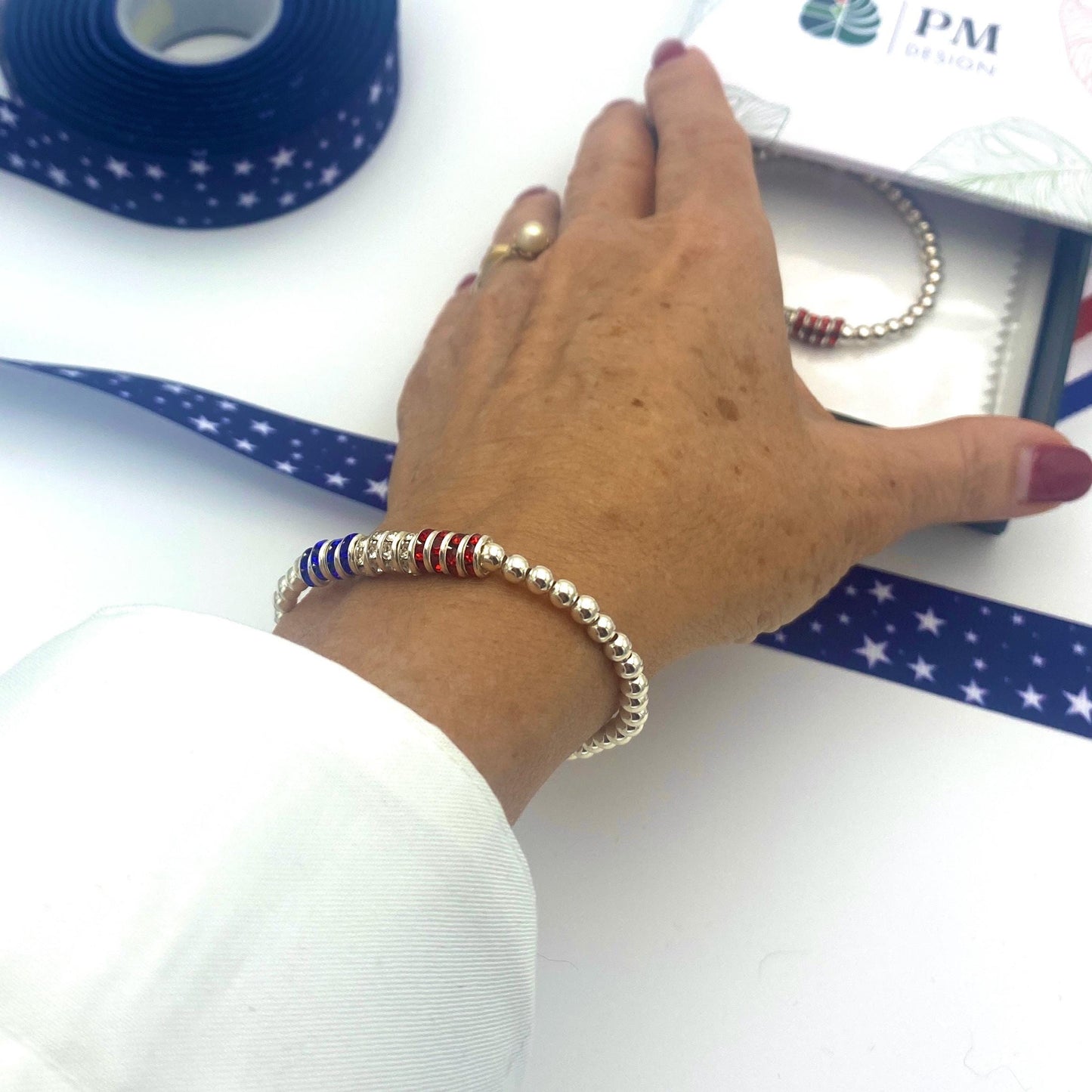 4th of July crystal bracelet USA flag red white blue jewelry gift