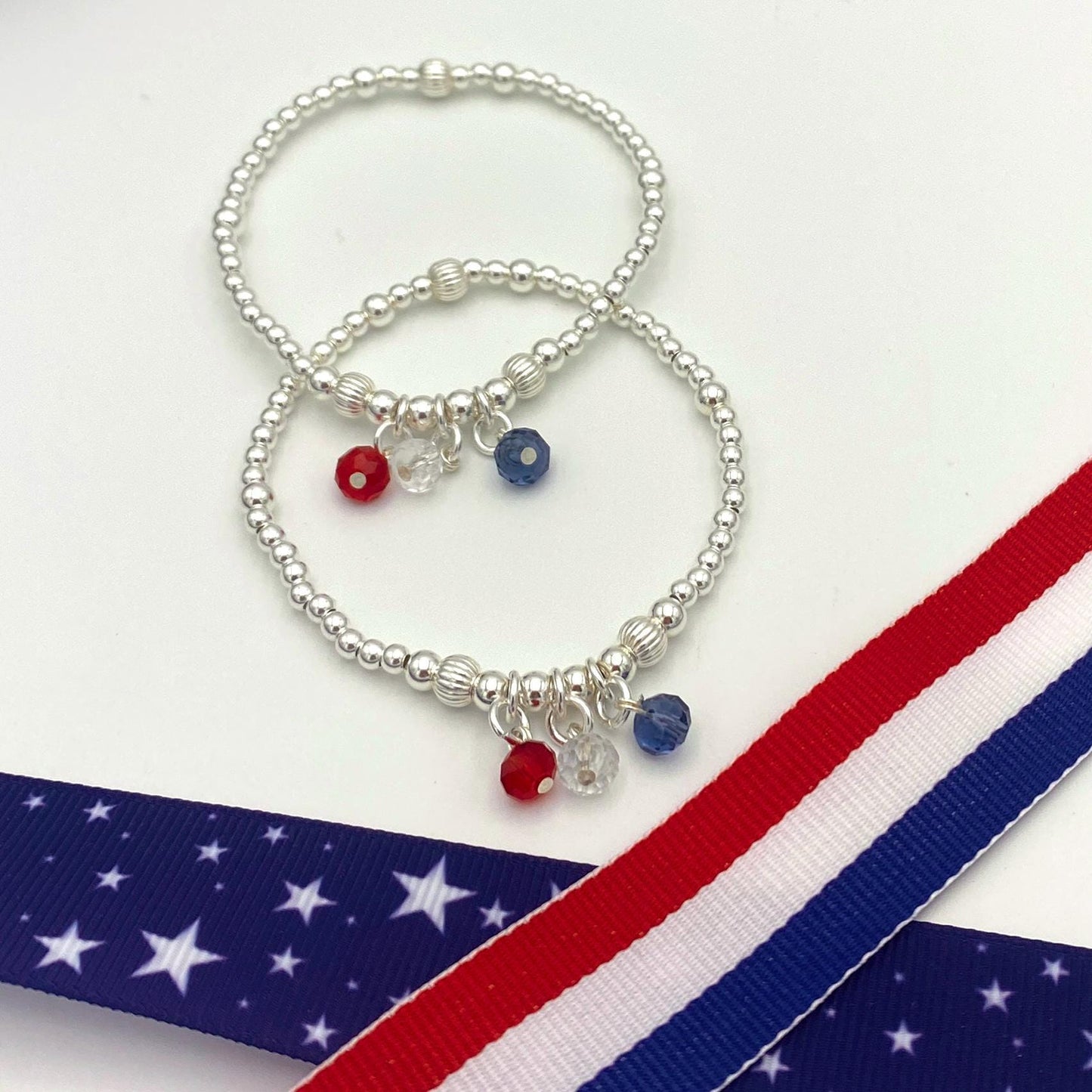 Patriotic crystal charm bracelet silver flag jewelry 4th of July gift set