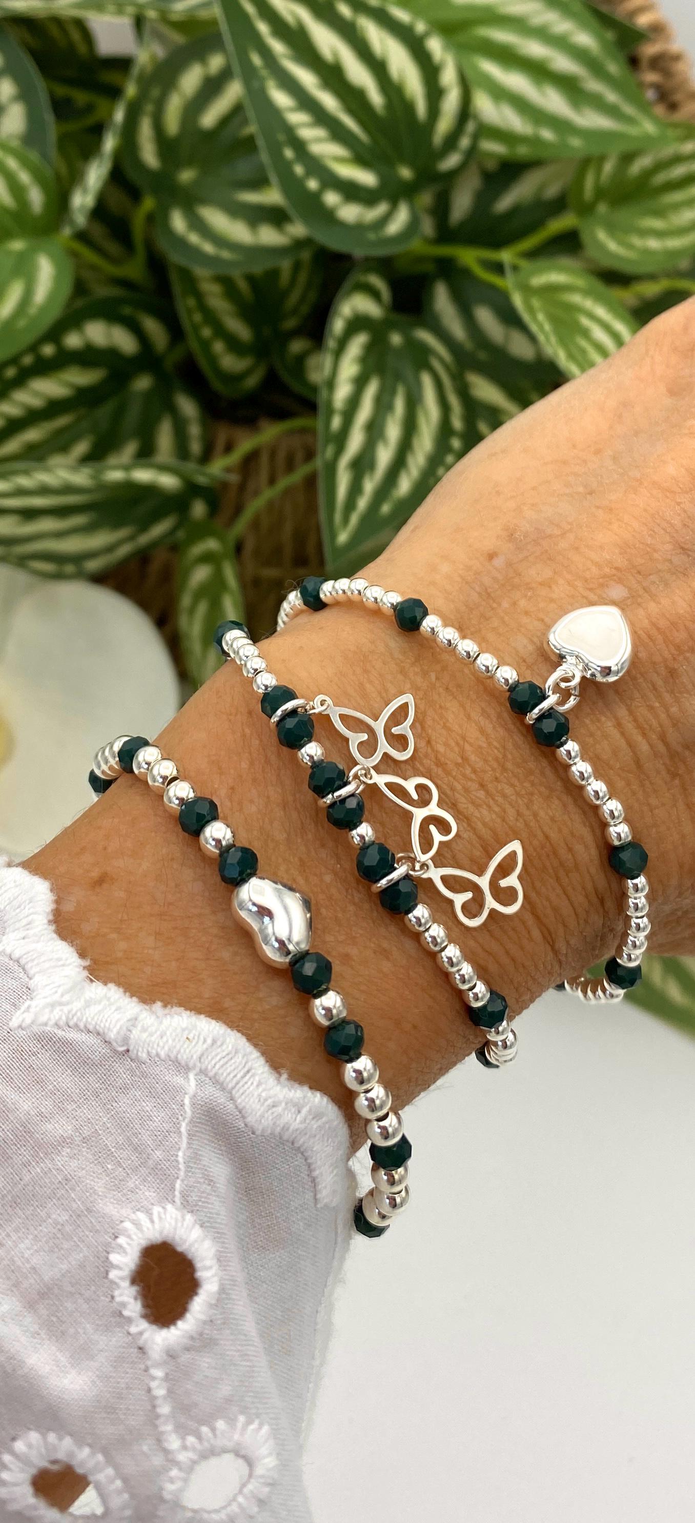 Sterling silver dainty charm bracelet with dark green crystal heart and butterfly gift